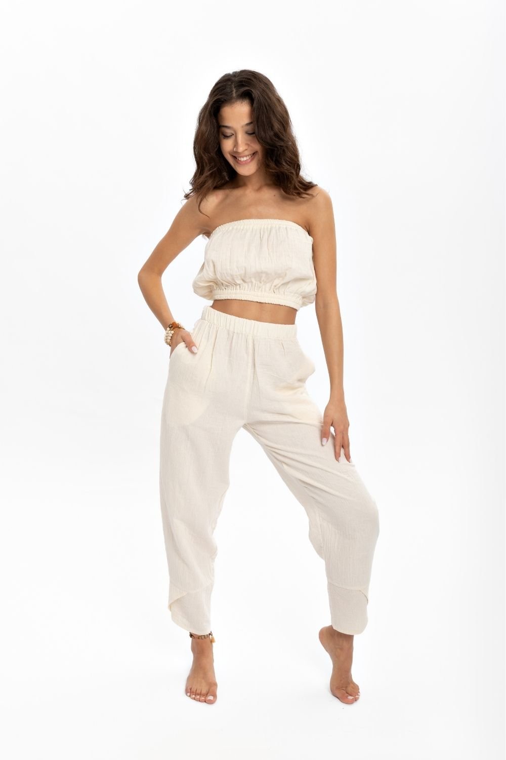 Husufi-V Cross Naturel Şalvar Pantolon-Pantolon-1-Milagron.com