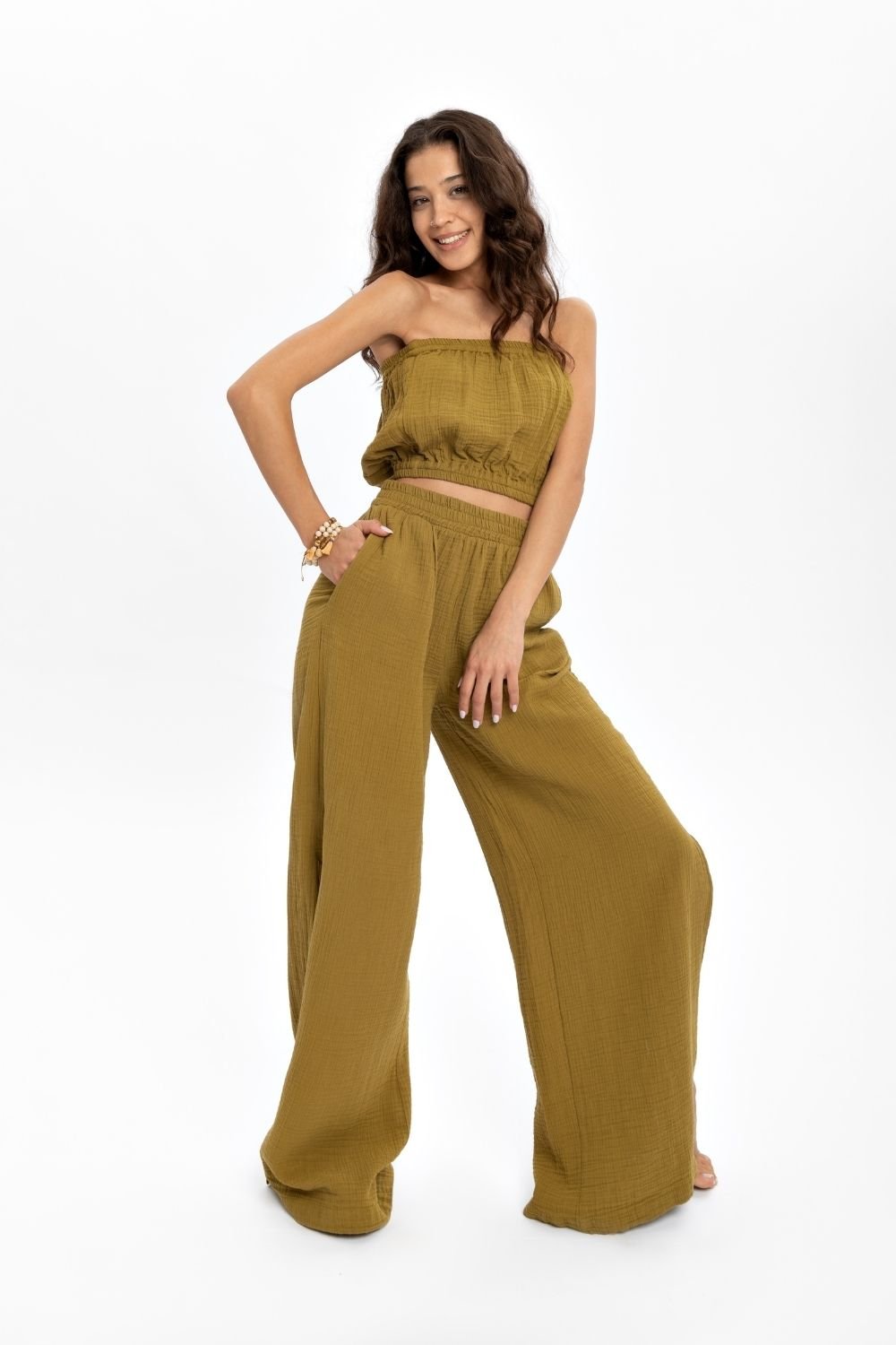 Husufi-Yeşil Müslin Yırtmaçlı Pantolon-Pantolon-4-Milagron.com