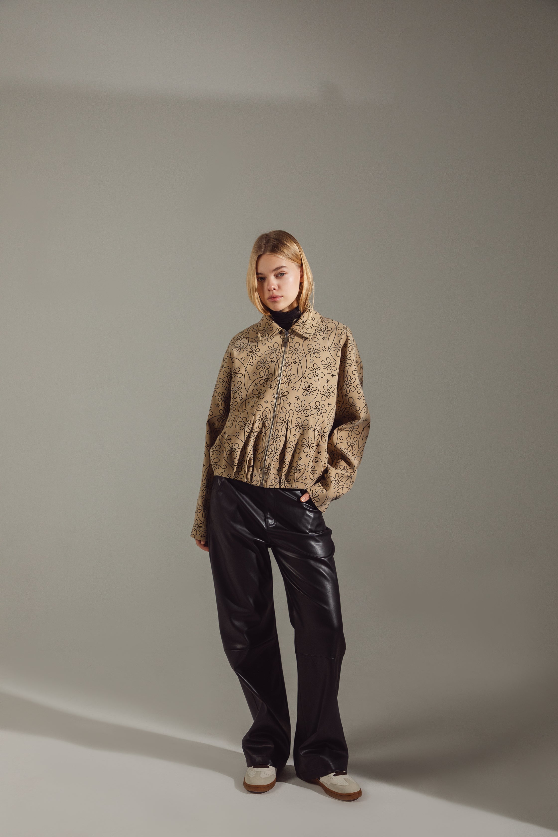 Beige-Mustard Floral Cotton-Modal Bomber