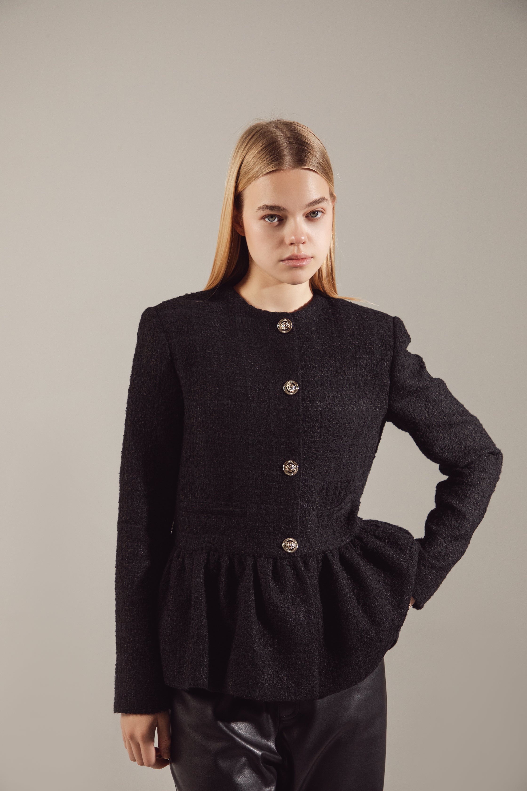 Black Tweed Balloon-Hem Jacket