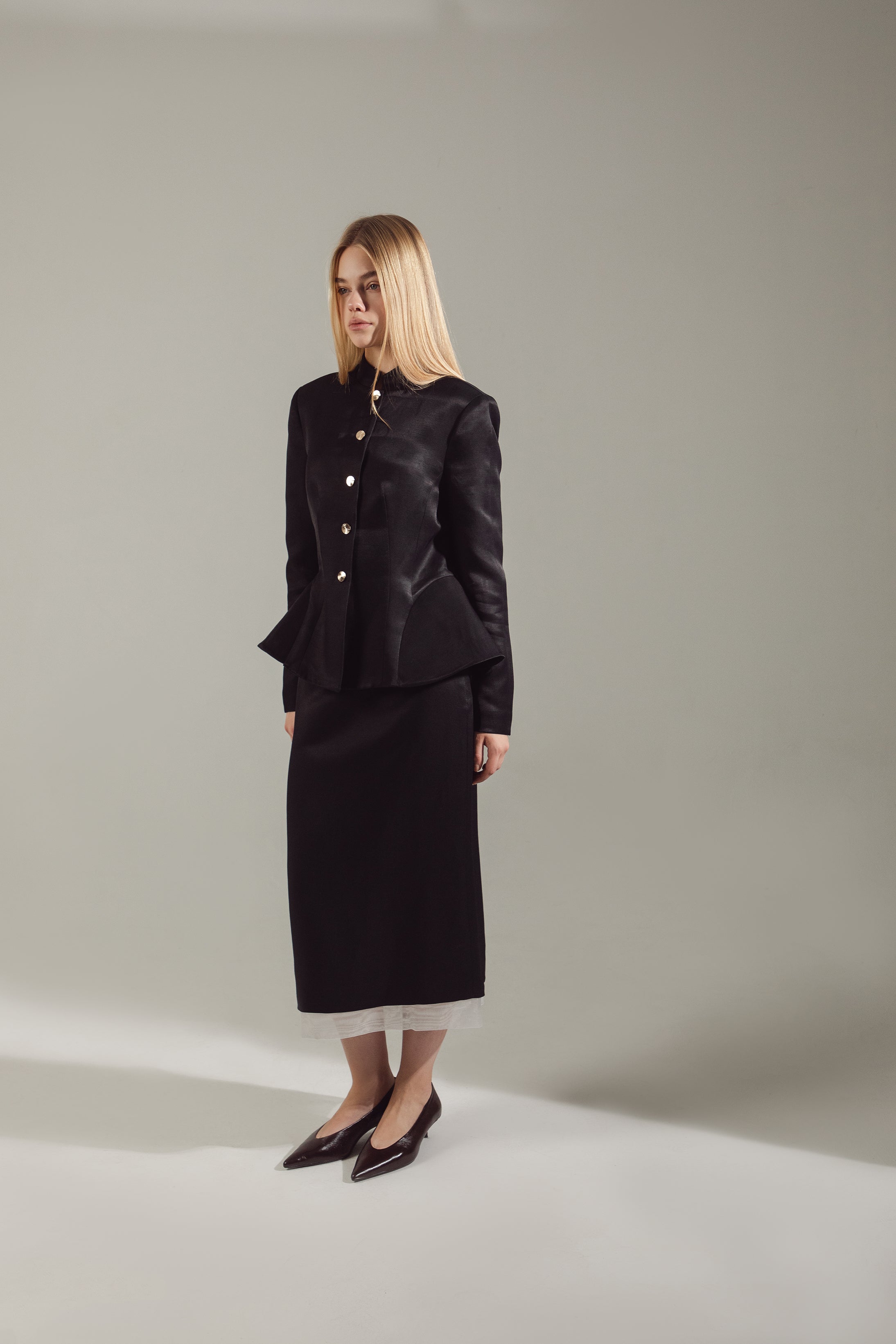 Deep Black Peplum Suit - Jacket & Skirt