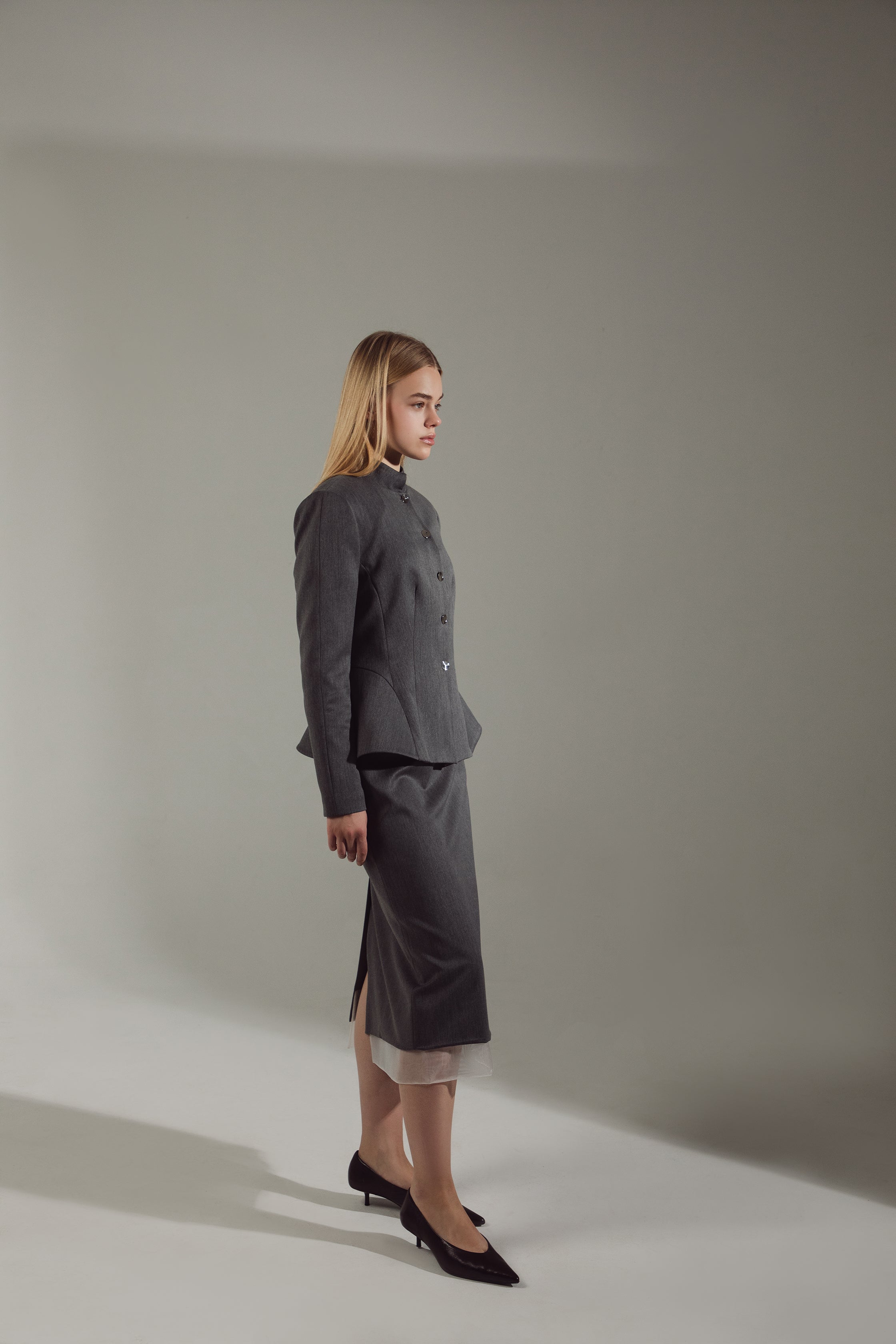 Deep Gray Peplum Suit - Jacket & Skirt