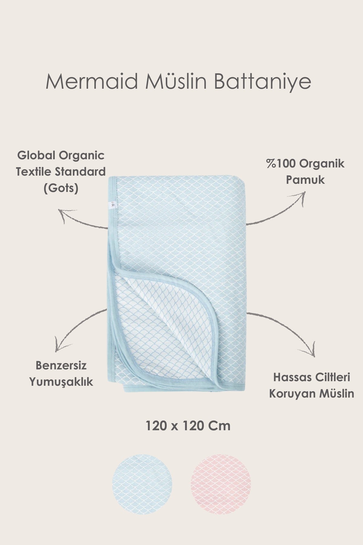 Irya-Bebe Marin Mermaid Müslin Battaniye 120x120 Pembe-Bebek Battaniyesi-4-Milagron.com
