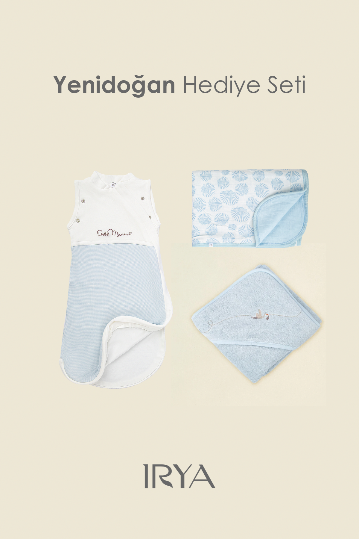 Irya-Bebemarin 3'lü Organik Yenidoğan Hediye Seti Mavi | Battaniye, Tulum, Kundak-Kundak-3-Milagron.com