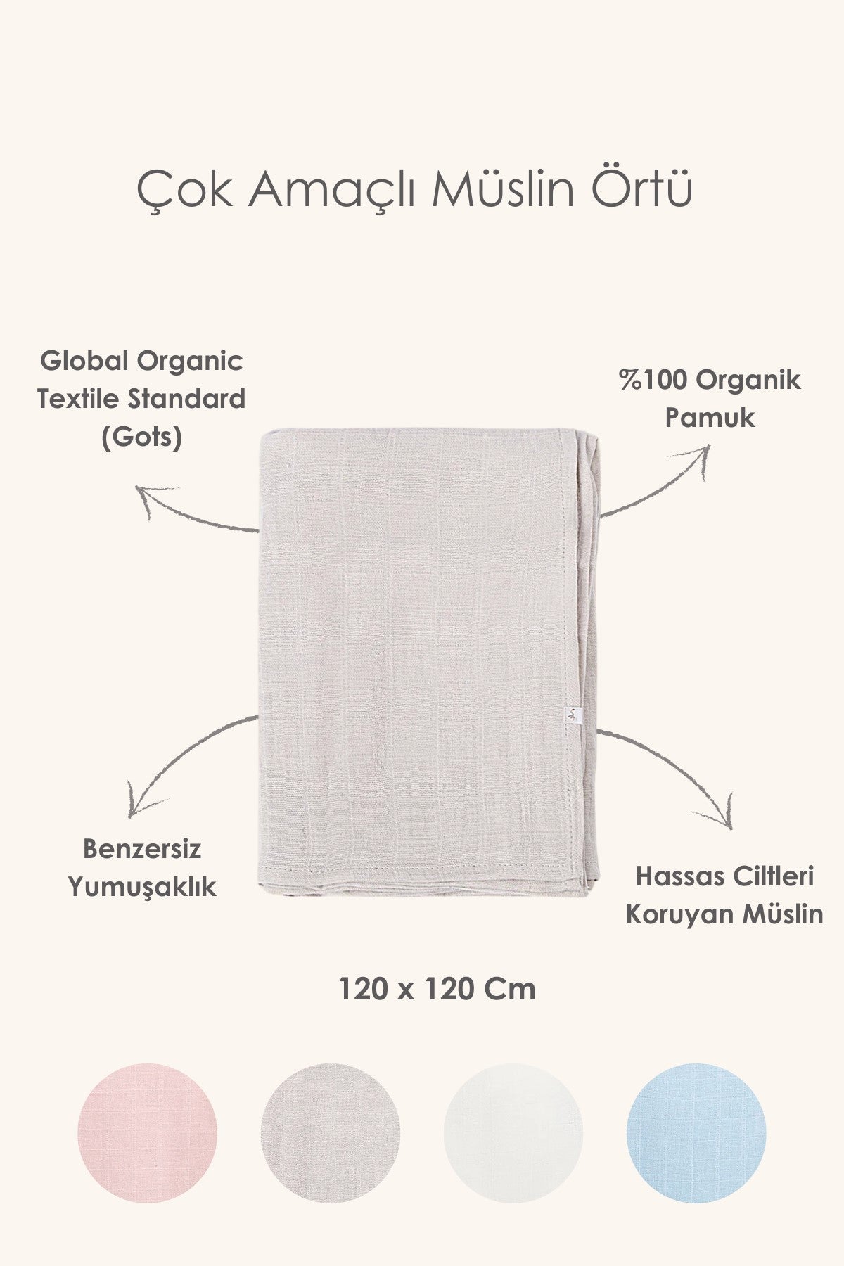 İRYA-Bebemarin Çok Amaçlı Müslin Örtü 120X120 Bej-Müslin Örtü-3-Milagron.com