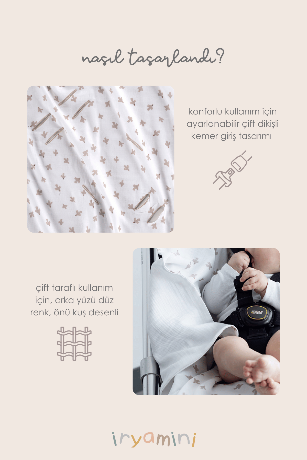 İRYA-Birdie Organik Pamuk Müslin 2 Katlı Puset Örtüsü Beyaz 85X85-Müslin Örtü-4-Milagron.com