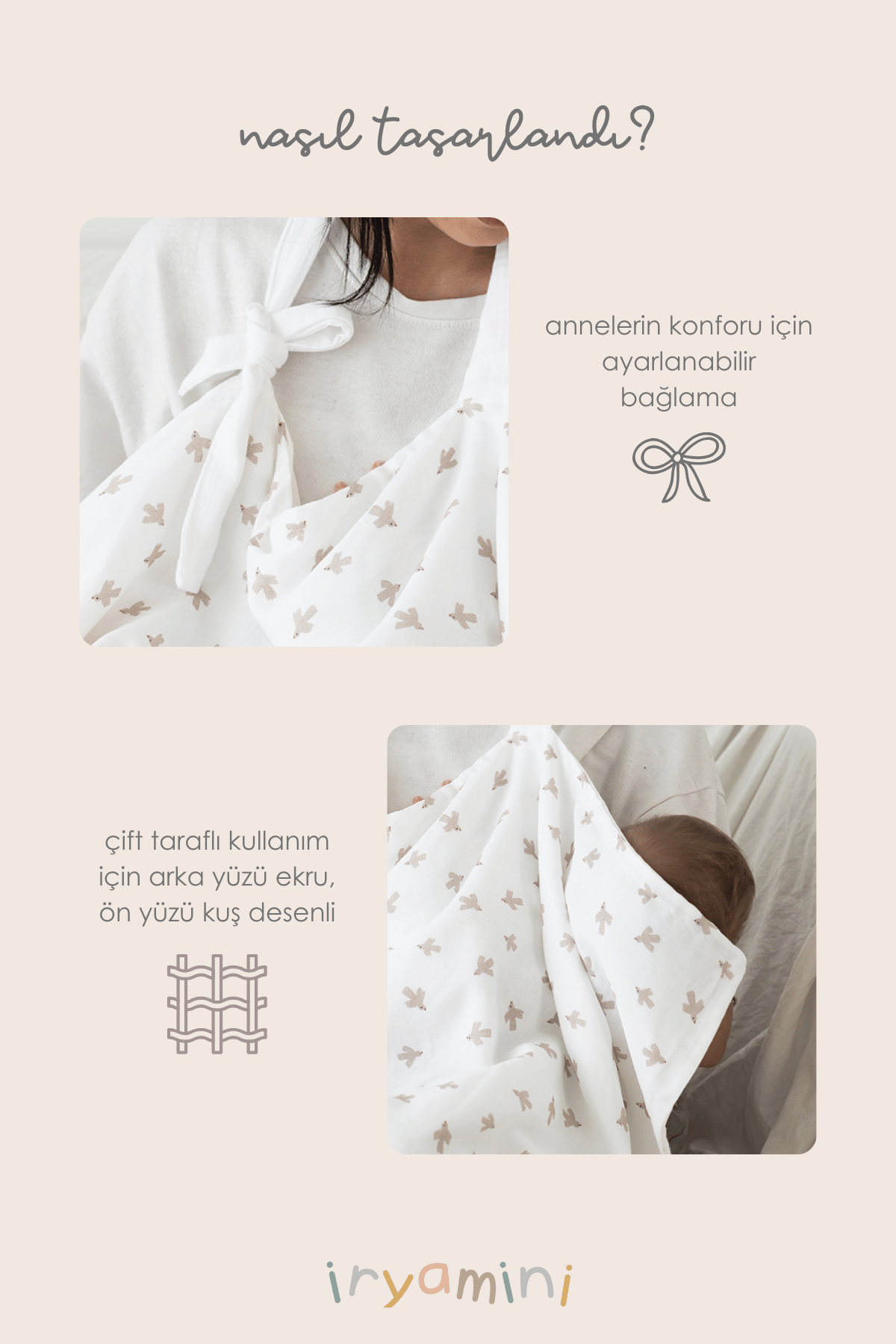 İRYA-Birdie Organik Pamuk Müslin 4 Katlı Emzirme Örtüsü Beyaz-Müslin Örtü-5-Milagron.com