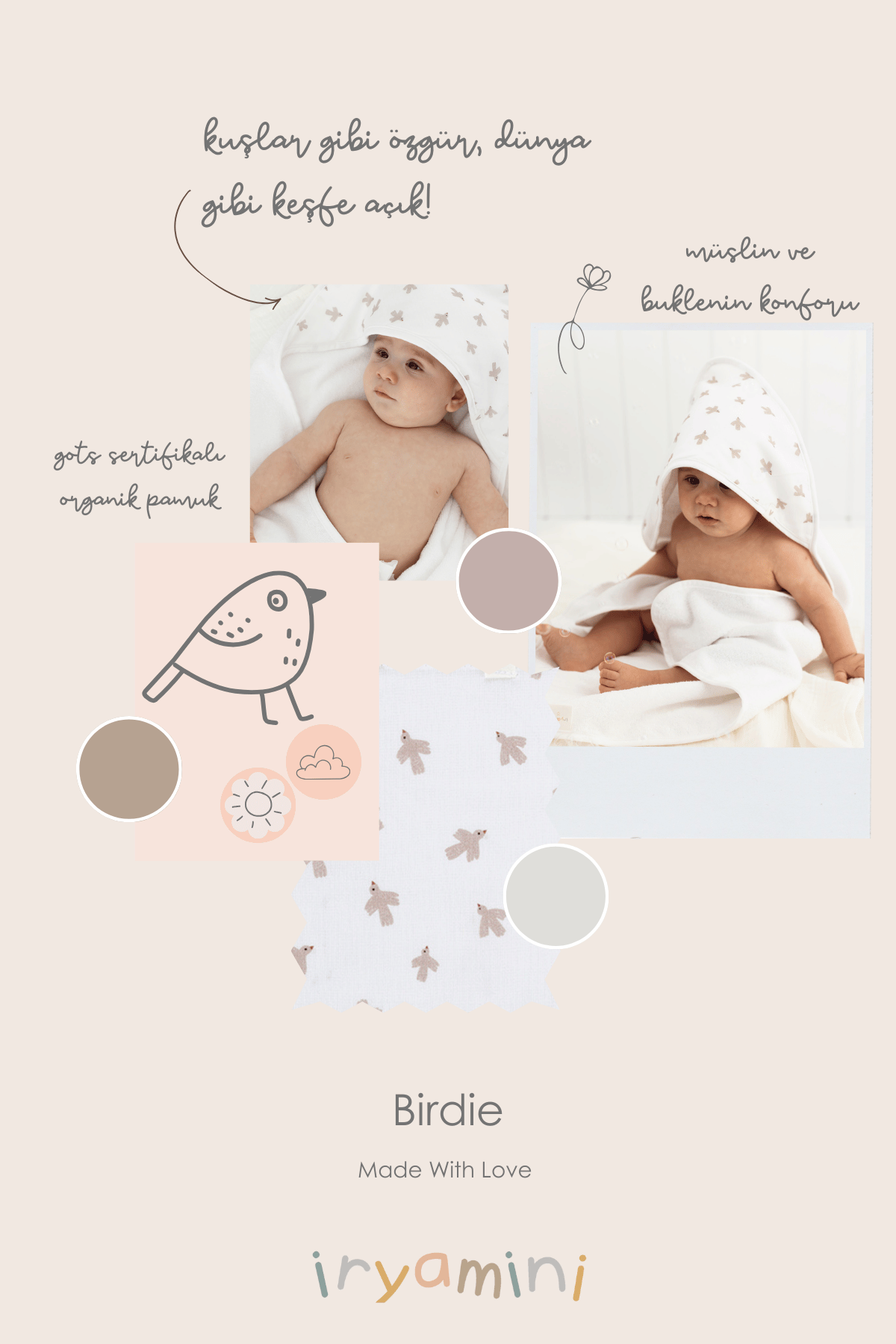 İRYA-Birdie Organik Pamuk Müslin Bebek Kundak Beyaz 75X75-Kundak-4-Milagron.com