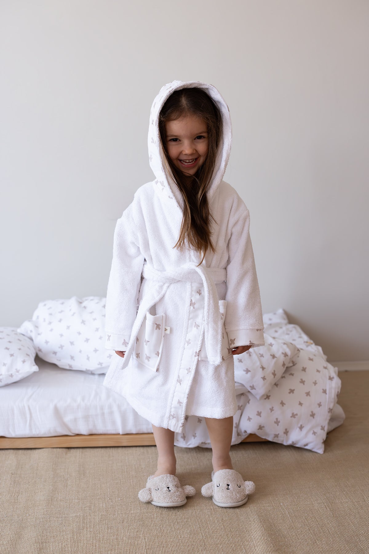 İRYA-Birdie Organik Pamuk Müslin Detaylı Çocuk Bornoz Beyaz-Bornoz-1-Milagron.com