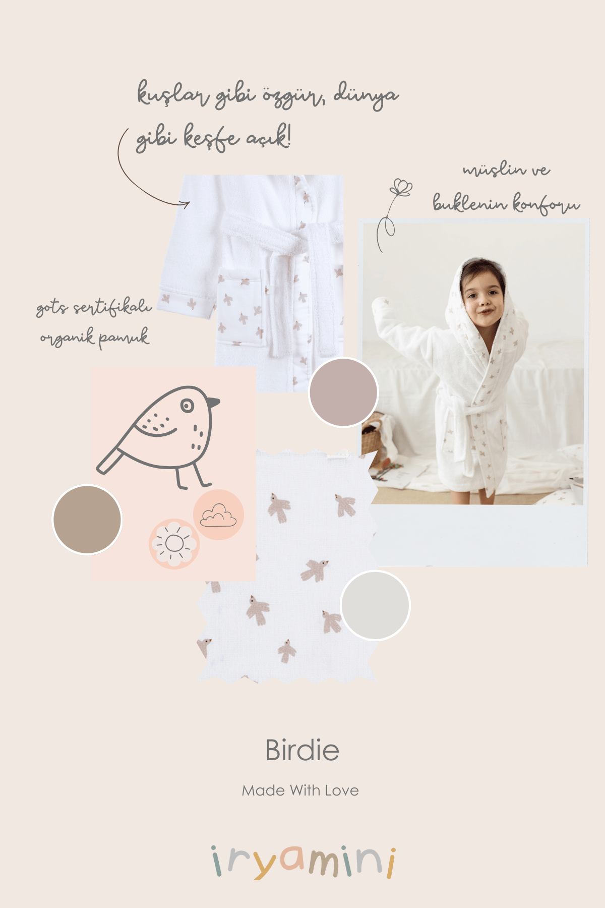İRYA-Birdie Organik Pamuk Müslin Detaylı Çocuk Bornoz Beyaz-Bornoz-5-Milagron.com