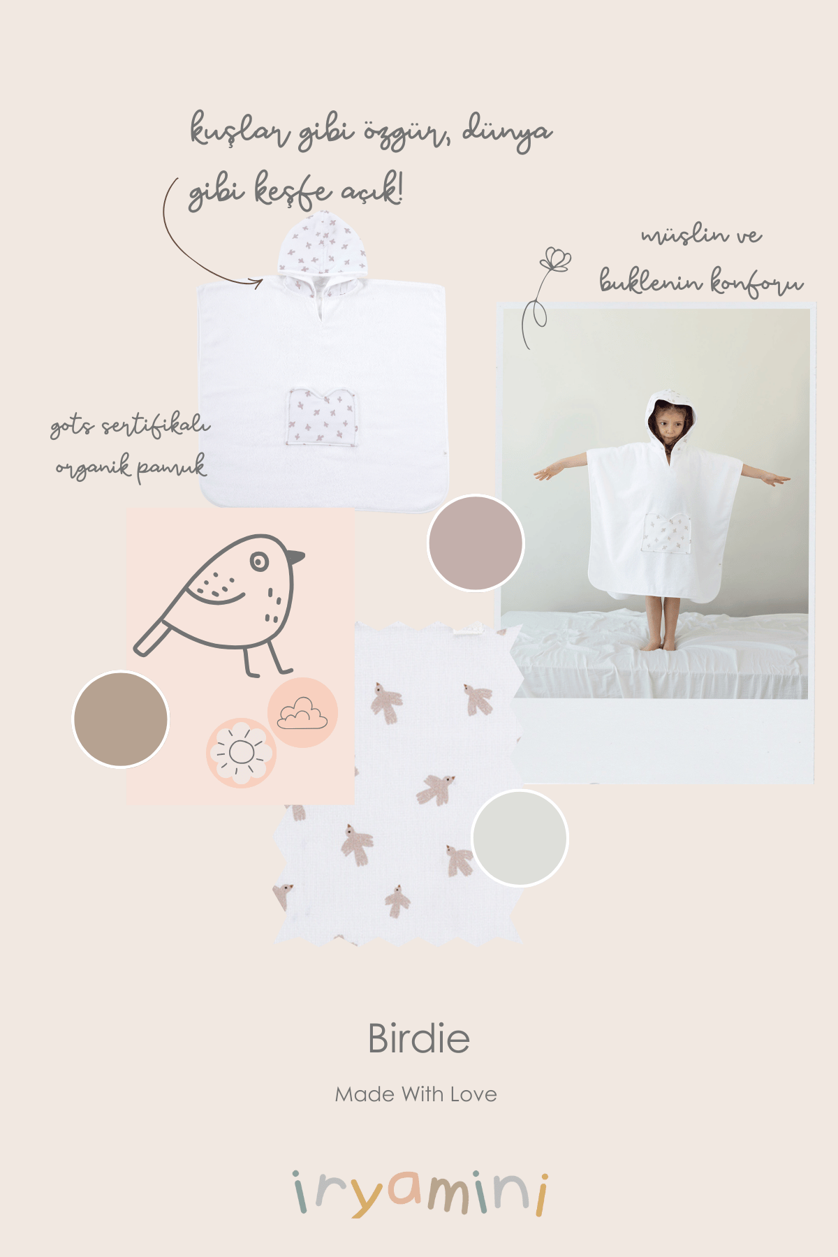 İRYA-Birdie Organik Pamuk Müslin Detaylı Çocuk Panço Beyaz-Panço-4-Milagron.com
