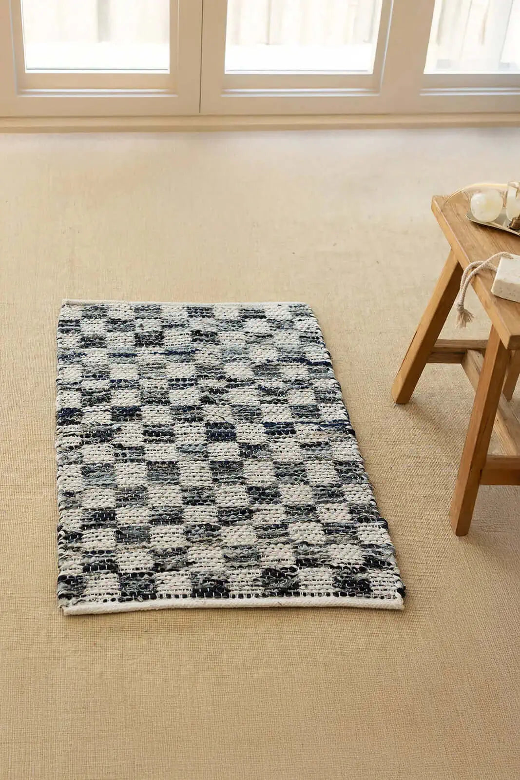 İRYA-Checker Denim Kilim Ekru/İNdigo 60X90-Banyo Paspası-2-Milagron.com