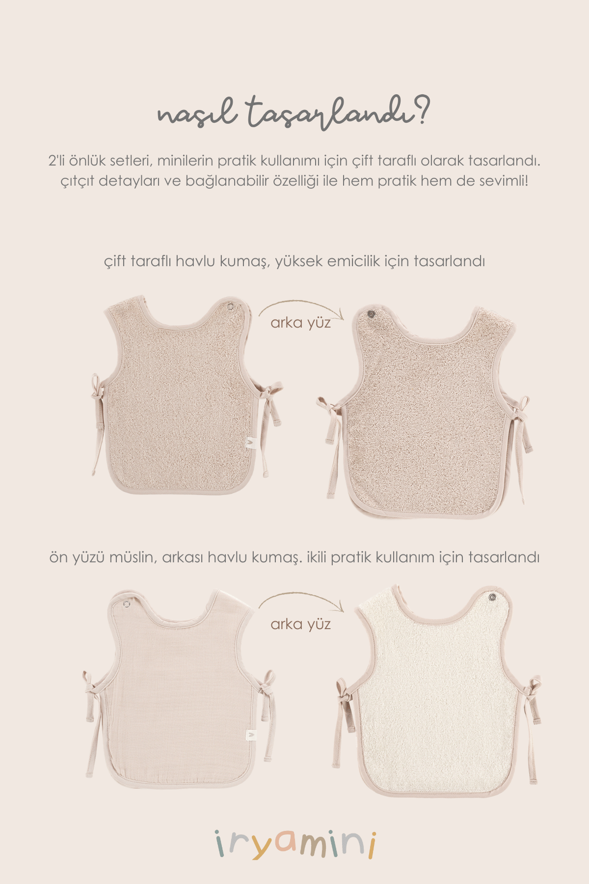 Irya-Colors Of Joy 2'li Organik Pamuk Müslin Bebek önlük Seti Bej-Bebek Önlüğü-3-Milagron.com