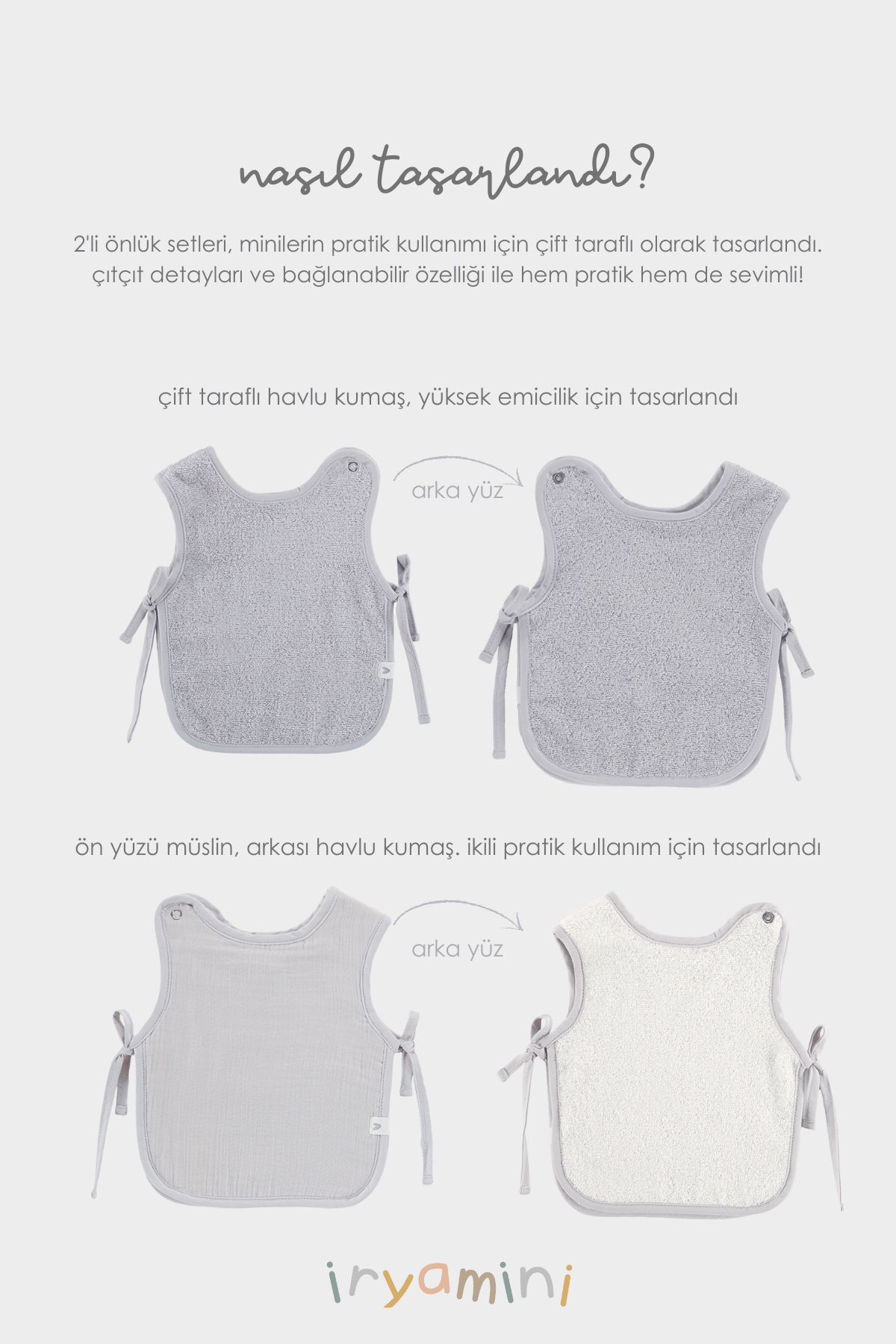 Irya-Colors Of Joy 2'li Organik Pamuk Müslin Bebek önlük Seti Gri-Bebek Önlüğü-4-Milagron.com