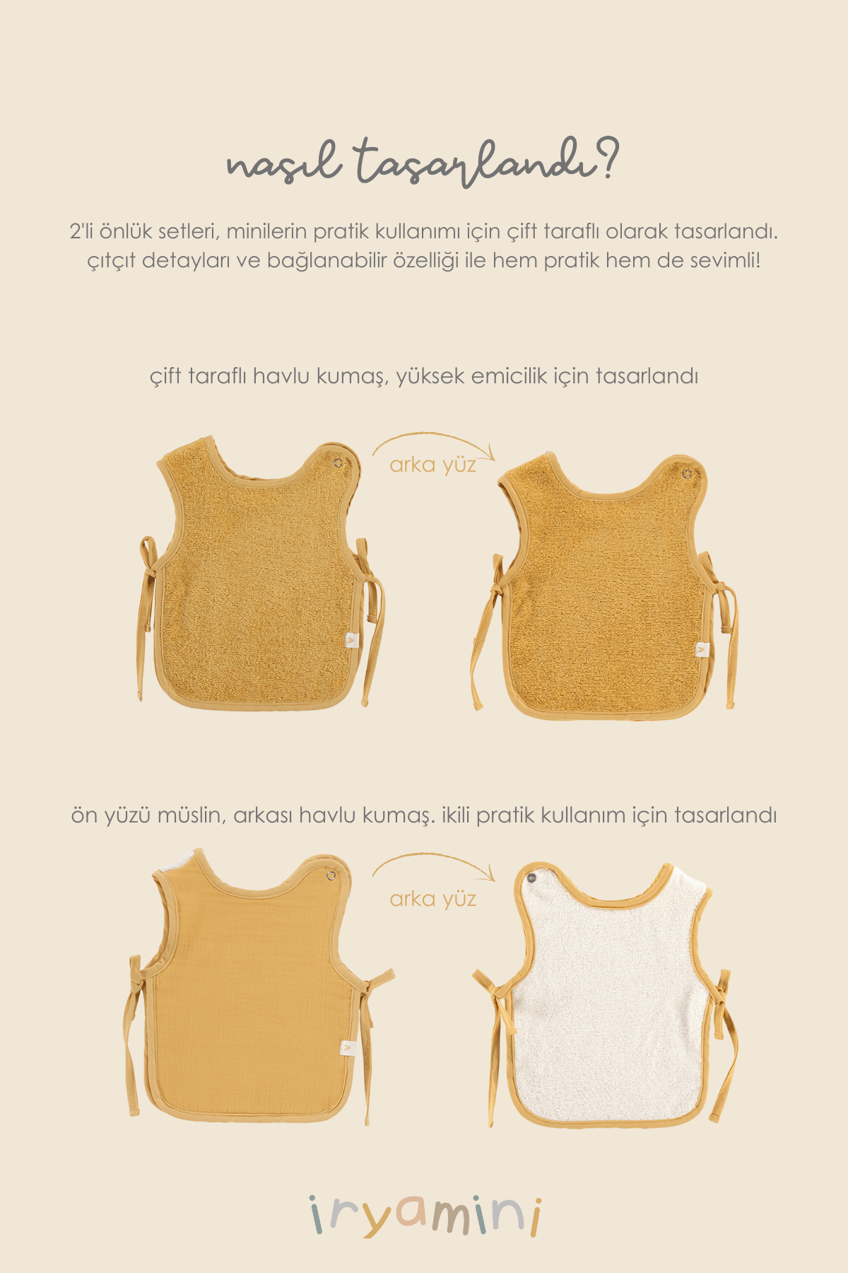 Irya-Colors Of Joy 2'li Organik Pamuk Müslin Bebek önlük Seti Hardal-Bebek Önlüğü-3-Milagron.com