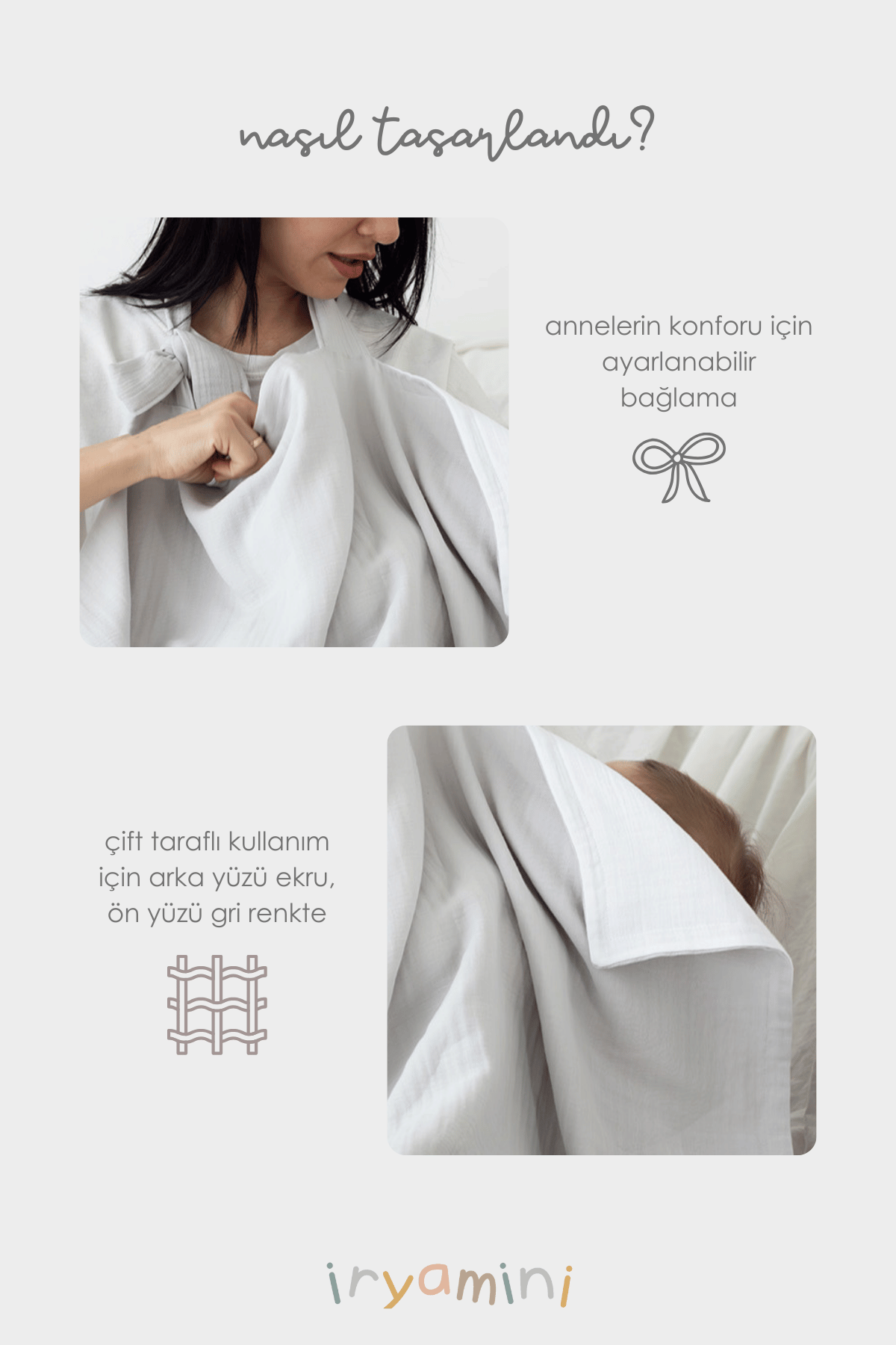 İRYA-Colors Of Joy Organik Pamuk Müslin 4 Katlı Emzirme Örtüsü Gri-Müslin Örtü-3-Milagron.com