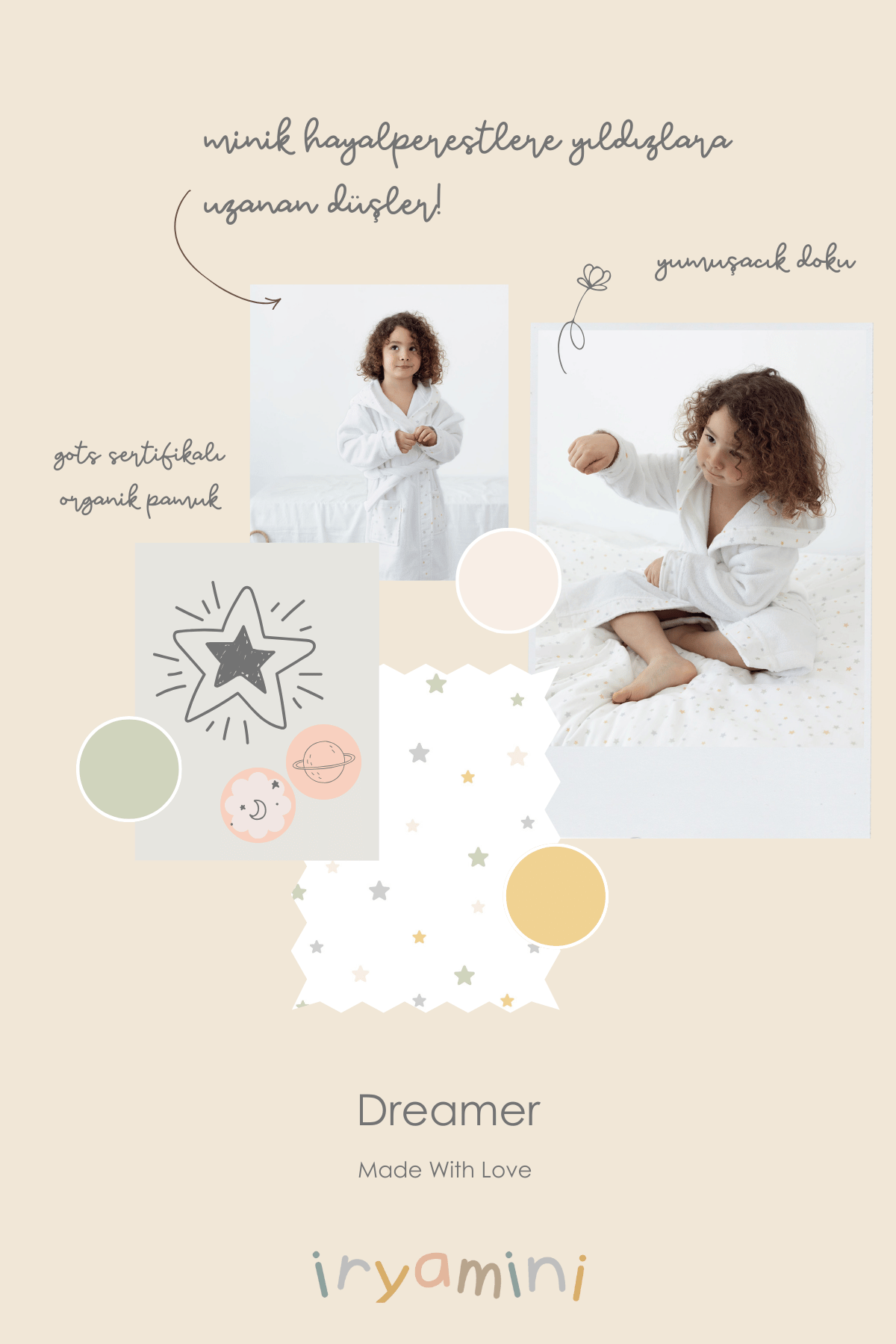 İRYA-Dreamer Organik Pamuk Müslin Detaylı Çocuk Bornoz Beyaz-Bornoz-4-Milagron.com
