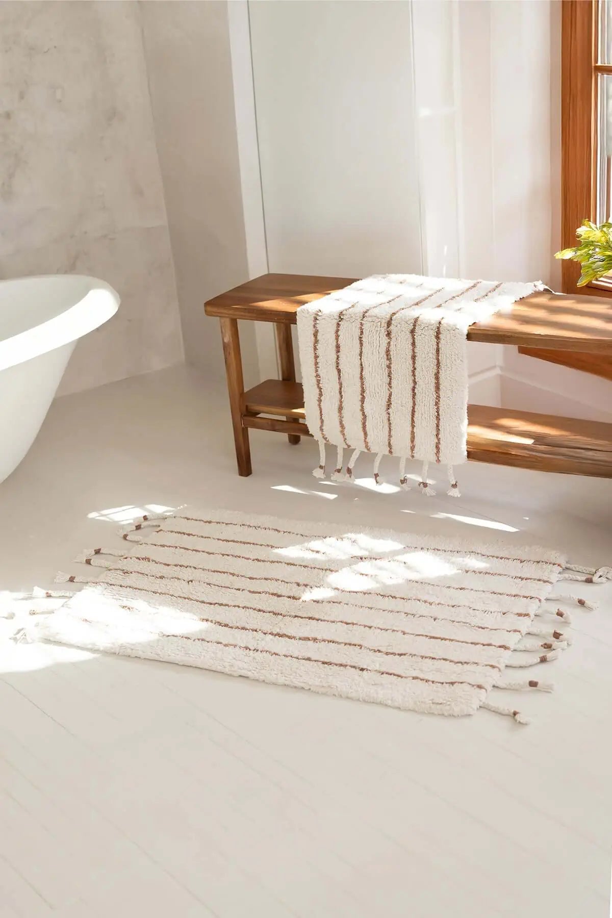 İRYA-In Lines 2’Li Takım Banyo Paspası %100 Pamuk 40X60 + 60X90 Bej Çizgili-Paspas-1-Milagron.com