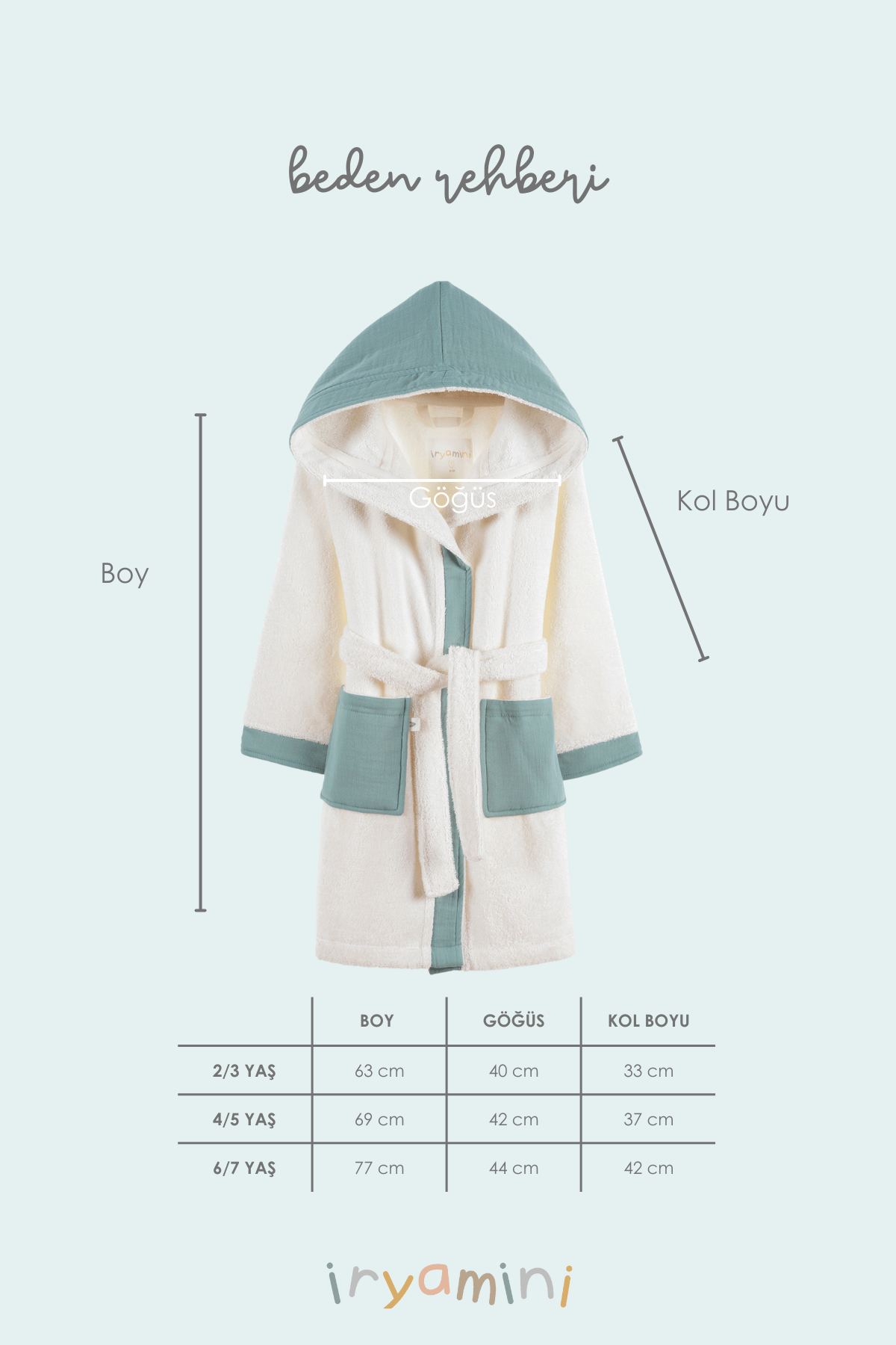 İRYA-Joy Of Colors Organik Pamuk Müslin Detaylı Çocuk Bornoz Mint-Bornoz-4-Milagron.com