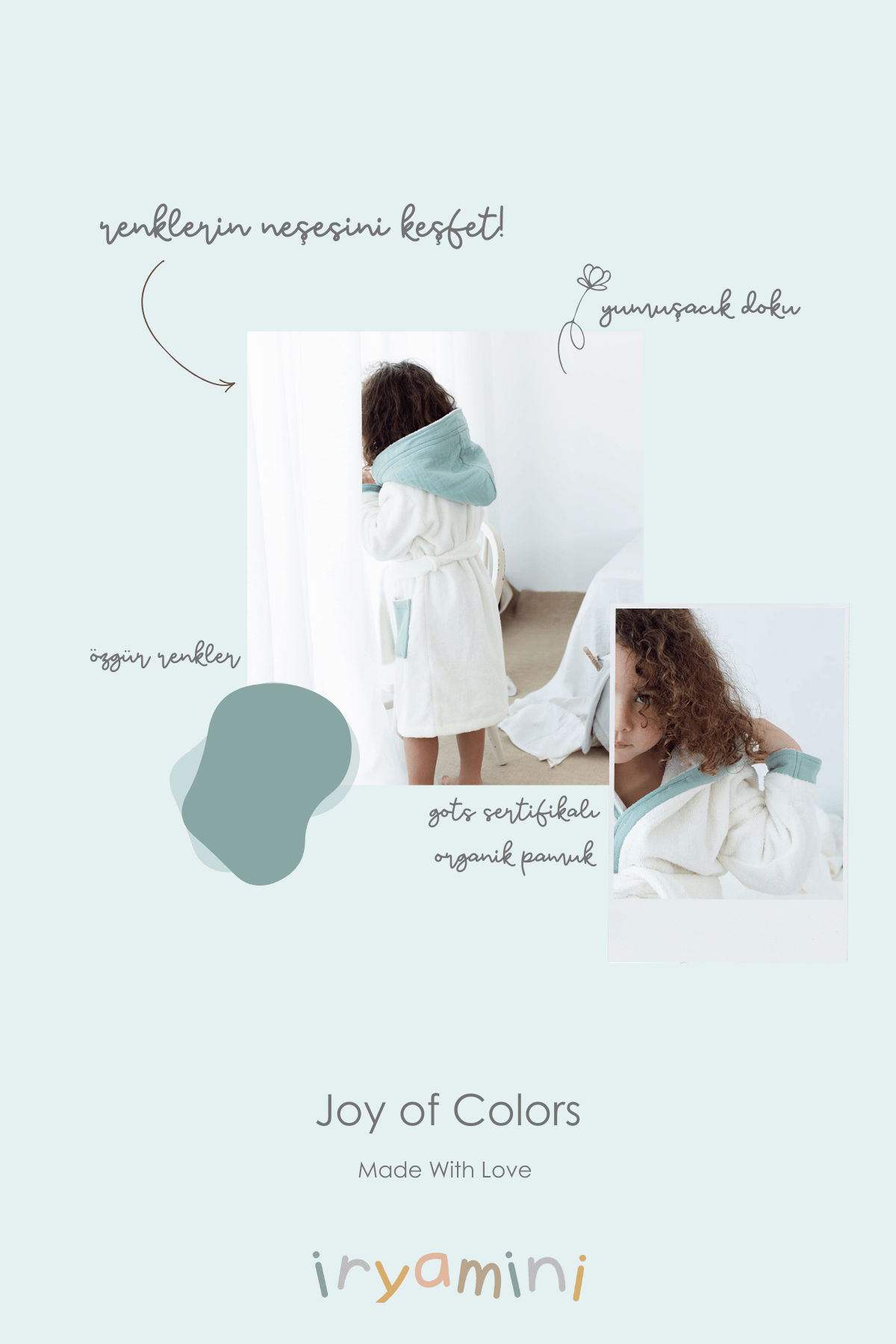 İRYA-Joy Of Colors Organik Pamuk Müslin Detaylı Çocuk Bornoz Mint-Bornoz-5-Milagron.com
