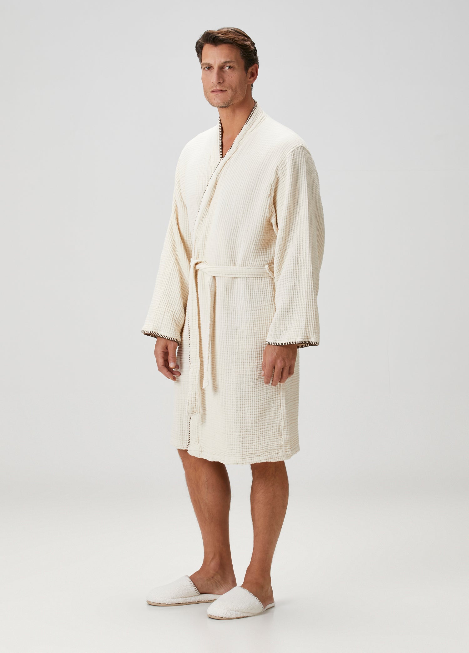 İRYA-Loom 4 Katlı Müslin Çoban Dikişli Erkek Bornoz Kum Bej-Bornoz-3-Milagron.com