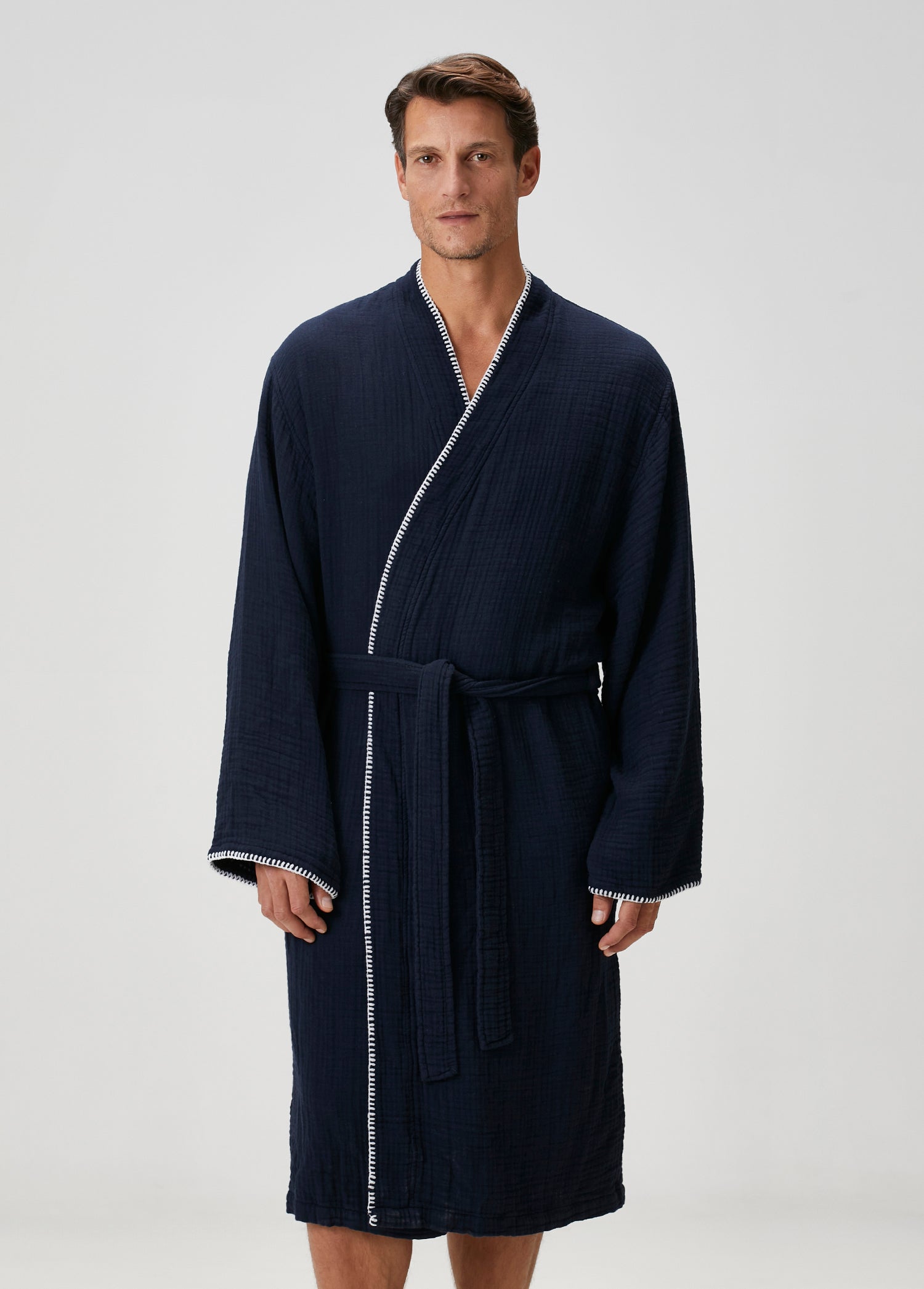 İRYA-Loom 4 Katlı Müslin Çoban Dikişli Erkek Bornoz Lacivert-Bornoz-2-Milagron.com