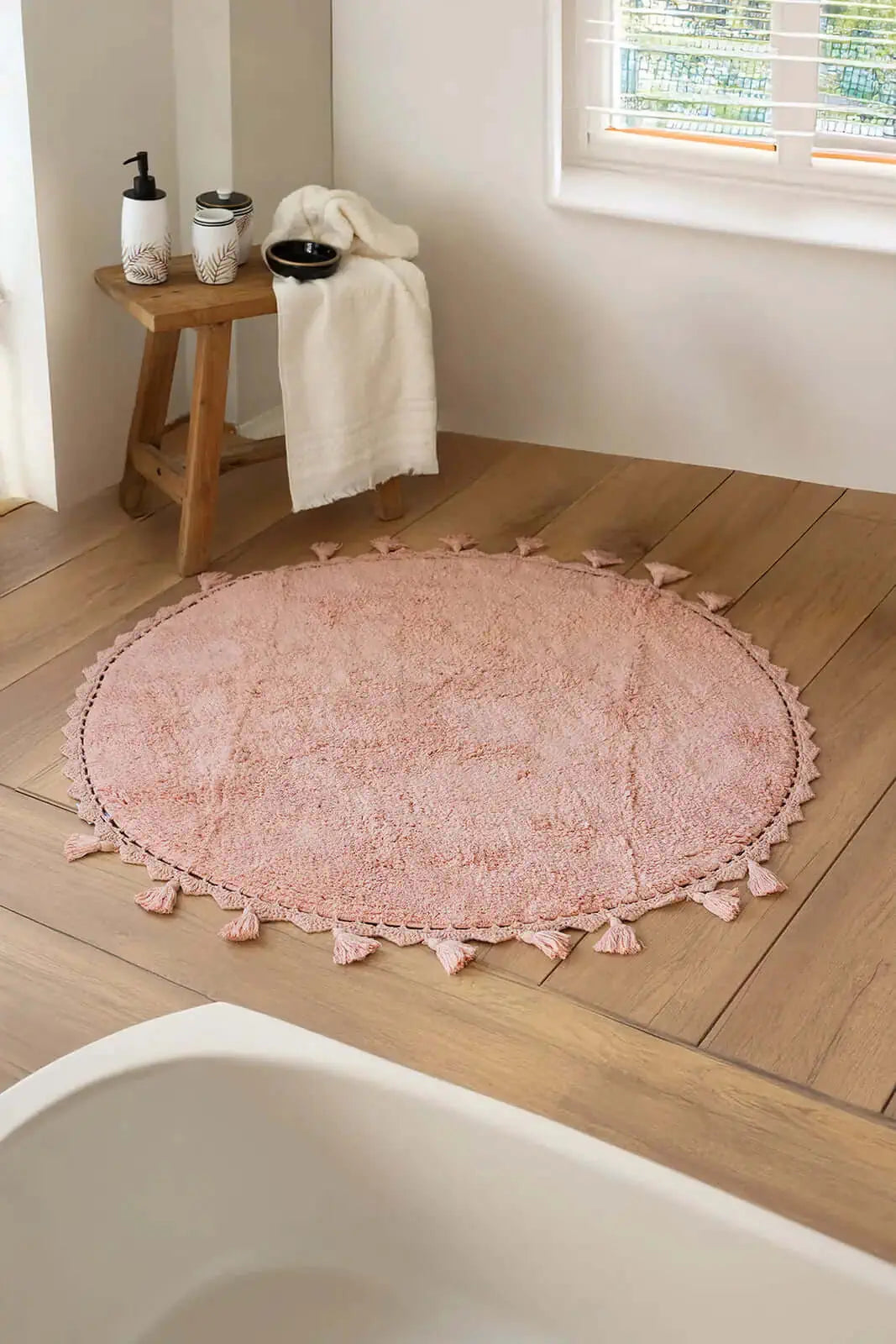 İRYA-Lowell Yuvarlak Banyo Paspası %100 Pamuk 100X100 Pembe-Paspas-1-Milagron.com