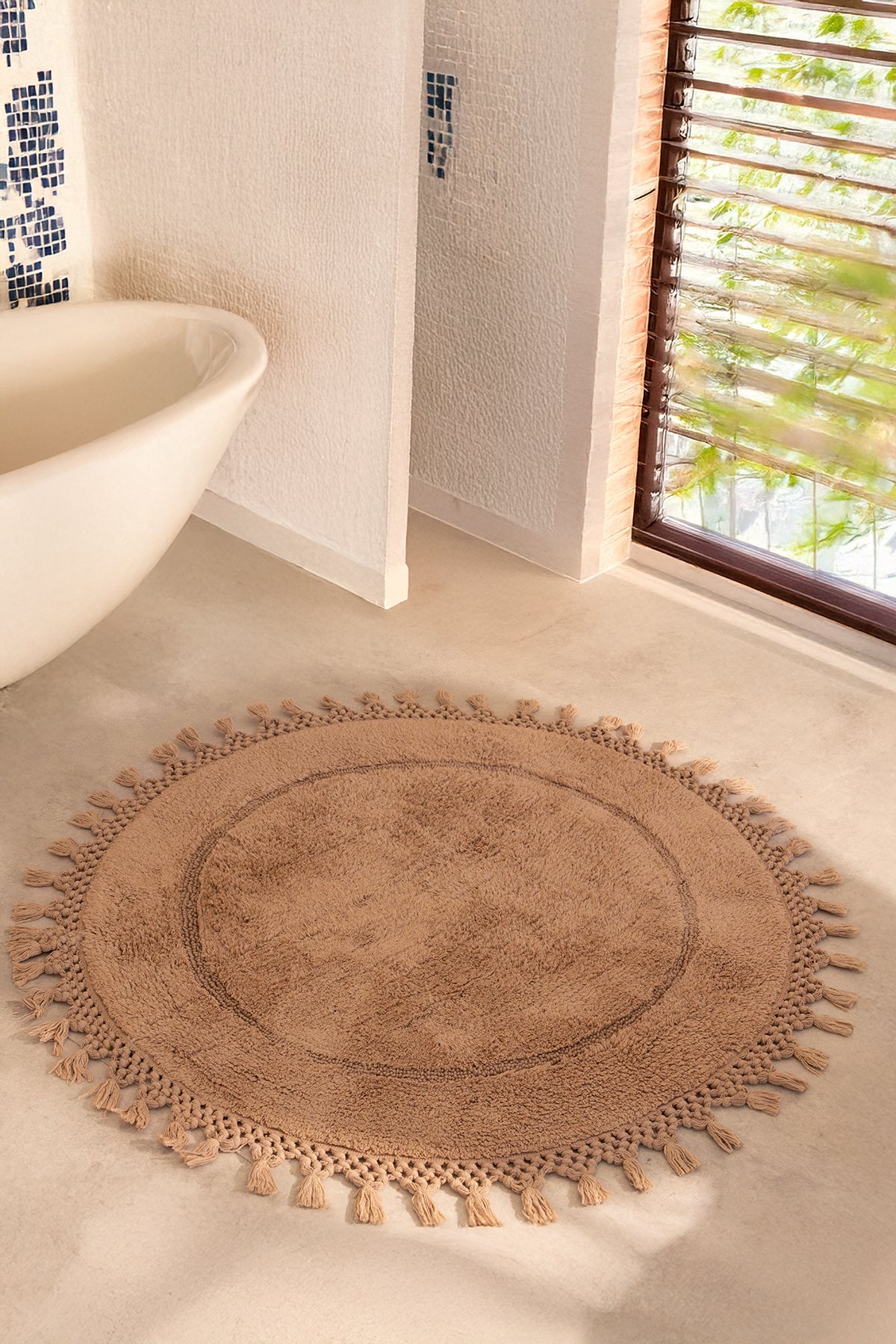 İRYA-Nora Yuvarlak Banyo Paspası %100 Pamuk 90X90 Bej-Paspas-1-Milagron.com
