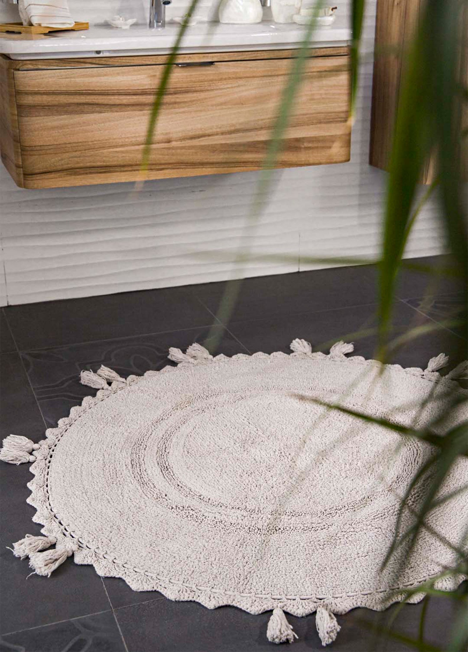 İRYA-Olivid Yuvarlak Banyo Paspası %100 Pamuk 100X100 Bej-Paspas-3-Milagron.com
