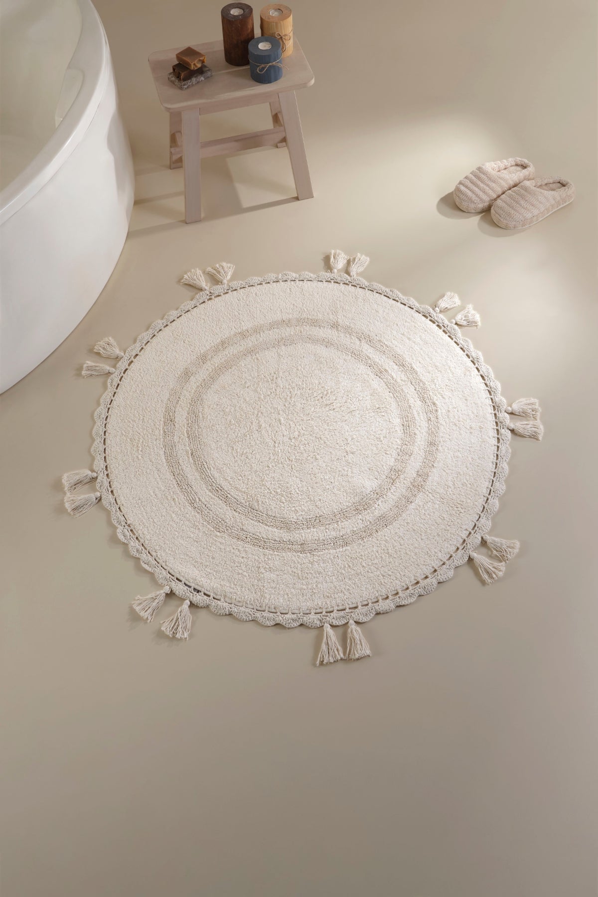 İRYA-Olivid Yuvarlak Banyo Paspası %100 Pamuk 100X100 Ekru-Paspas-5-Milagron.com