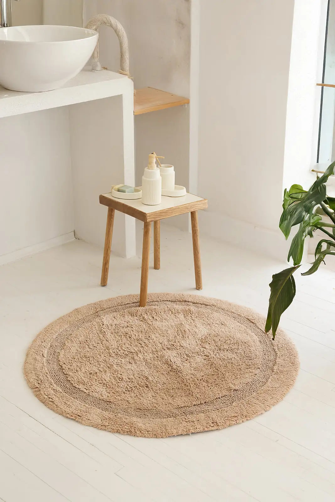 İRYA-Puffed Yuvarlak Banyo Paspası %100 Pamuk 100X100 Bej-Paspas-1-Milagron.com