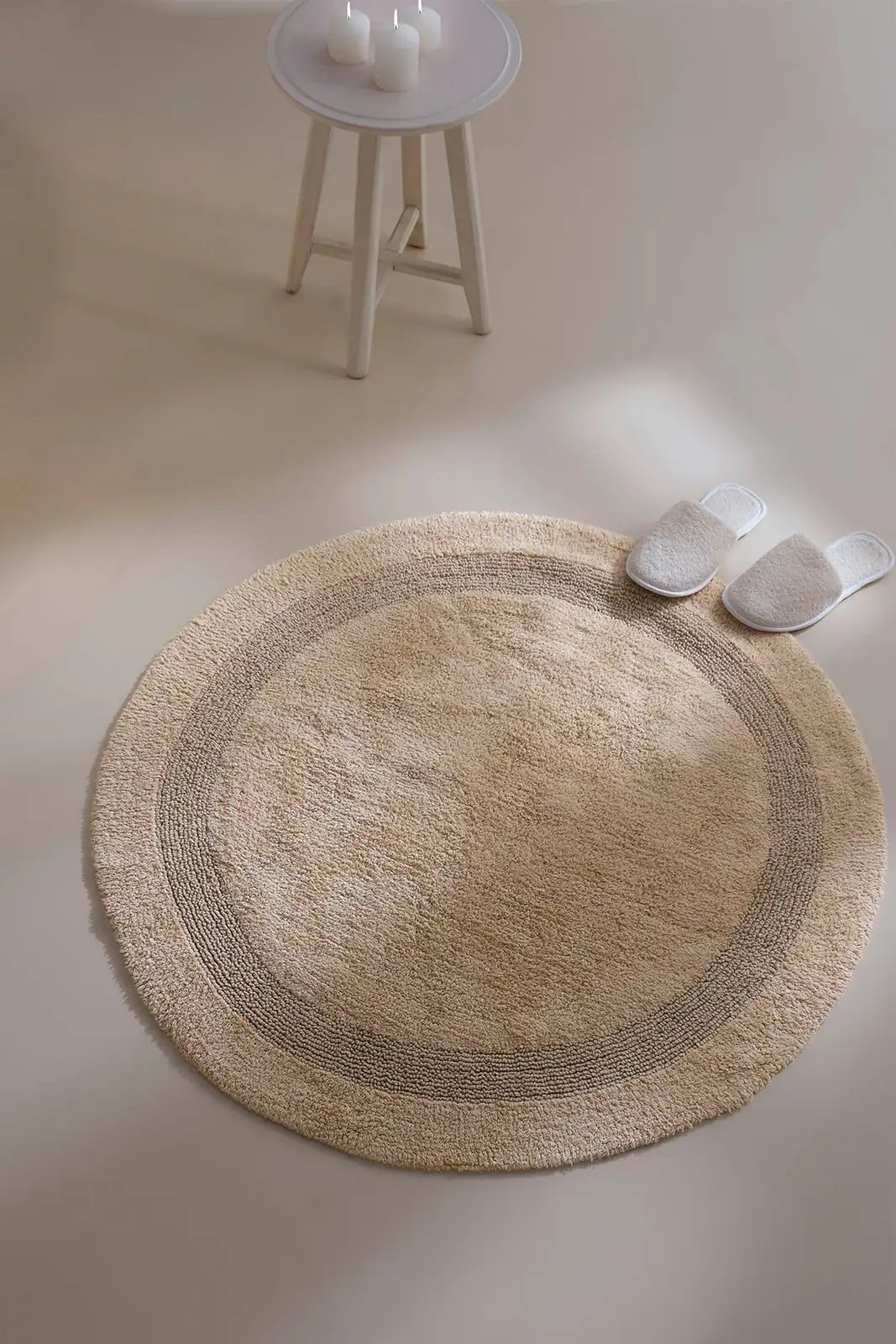İRYA-Puffed Yuvarlak Banyo Paspası %100 Pamuk 100X100 Bej-Paspas-7-Milagron.com