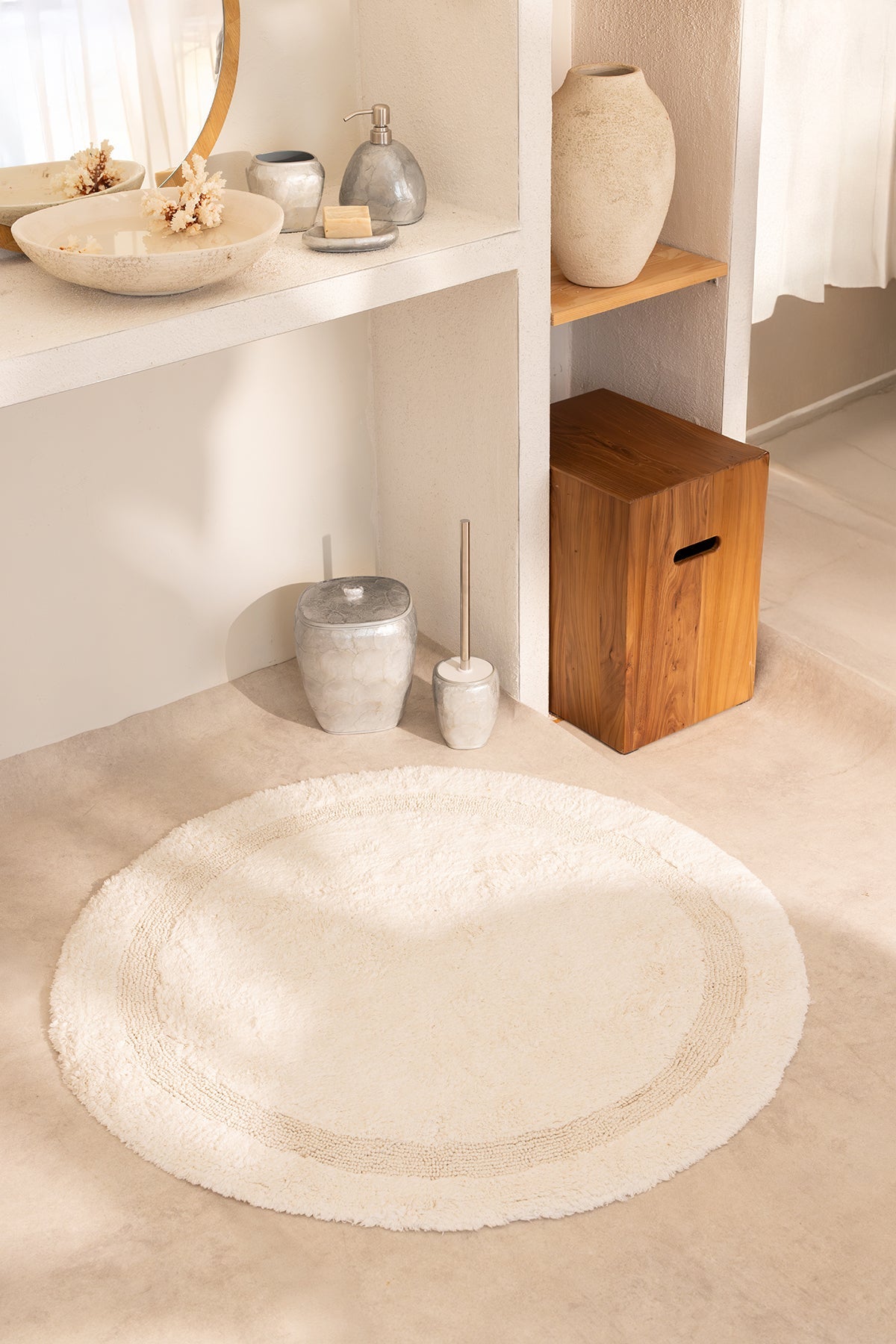 İRYA-Puffed Yuvarlak Banyo Paspası %100 Pamuk 100X100 Ekru-Banyo Paspası-1-Milagron.com