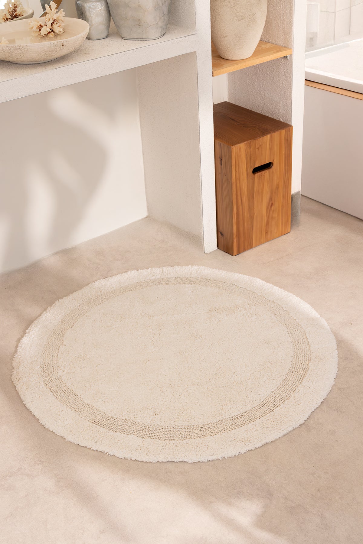 İRYA-Puffed Yuvarlak Banyo Paspası %100 Pamuk 100X100 Ekru-Banyo Paspası-2-Milagron.com