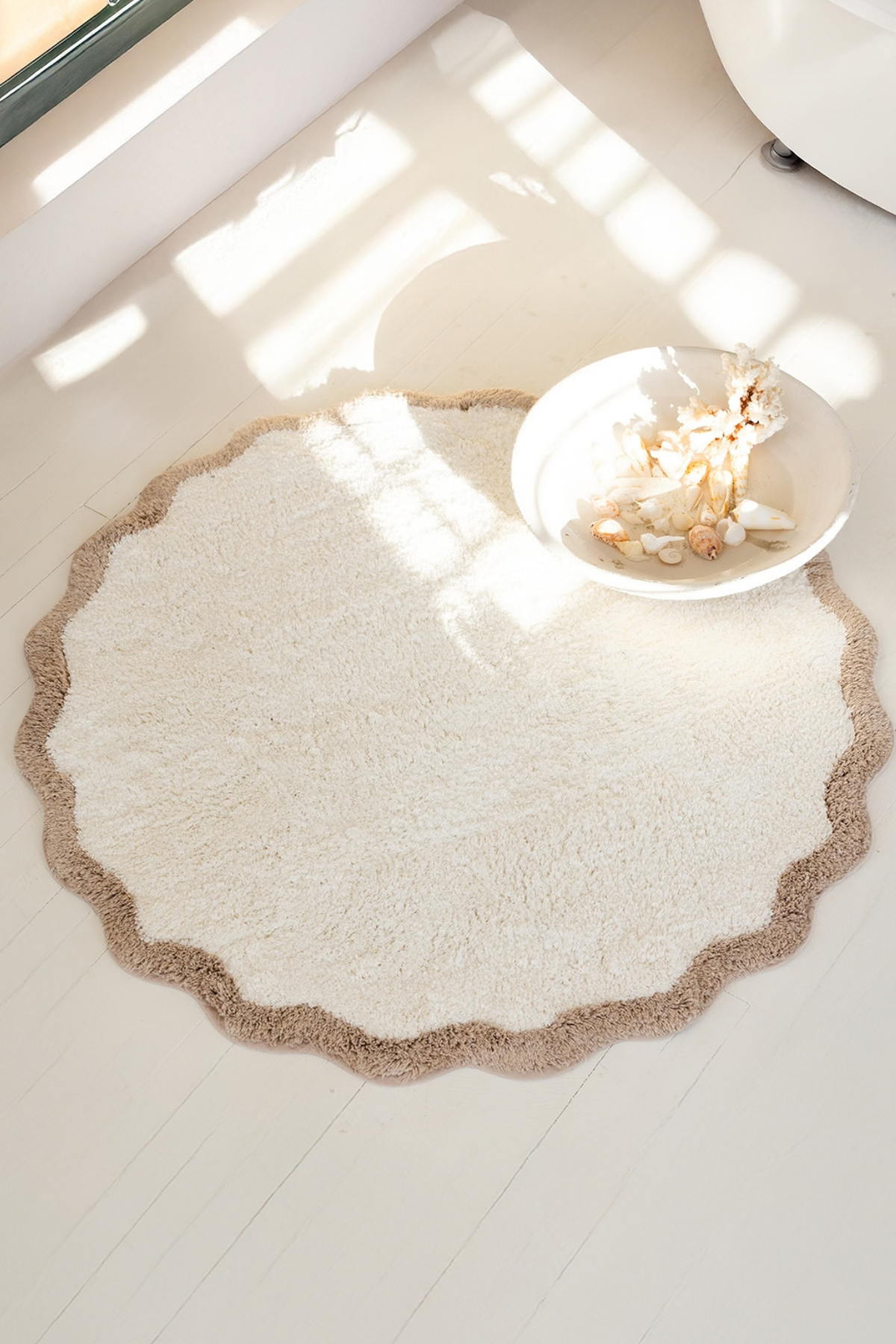 Scallop Yuvarlak Bambu Banyo Paspası 120X120 Cm Bej