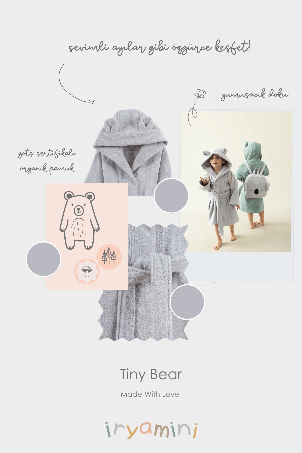 İRYA-Tiny Bear Organik Pamuk Çocuk Bornoz Gri-Bornoz-5-Milagron.com