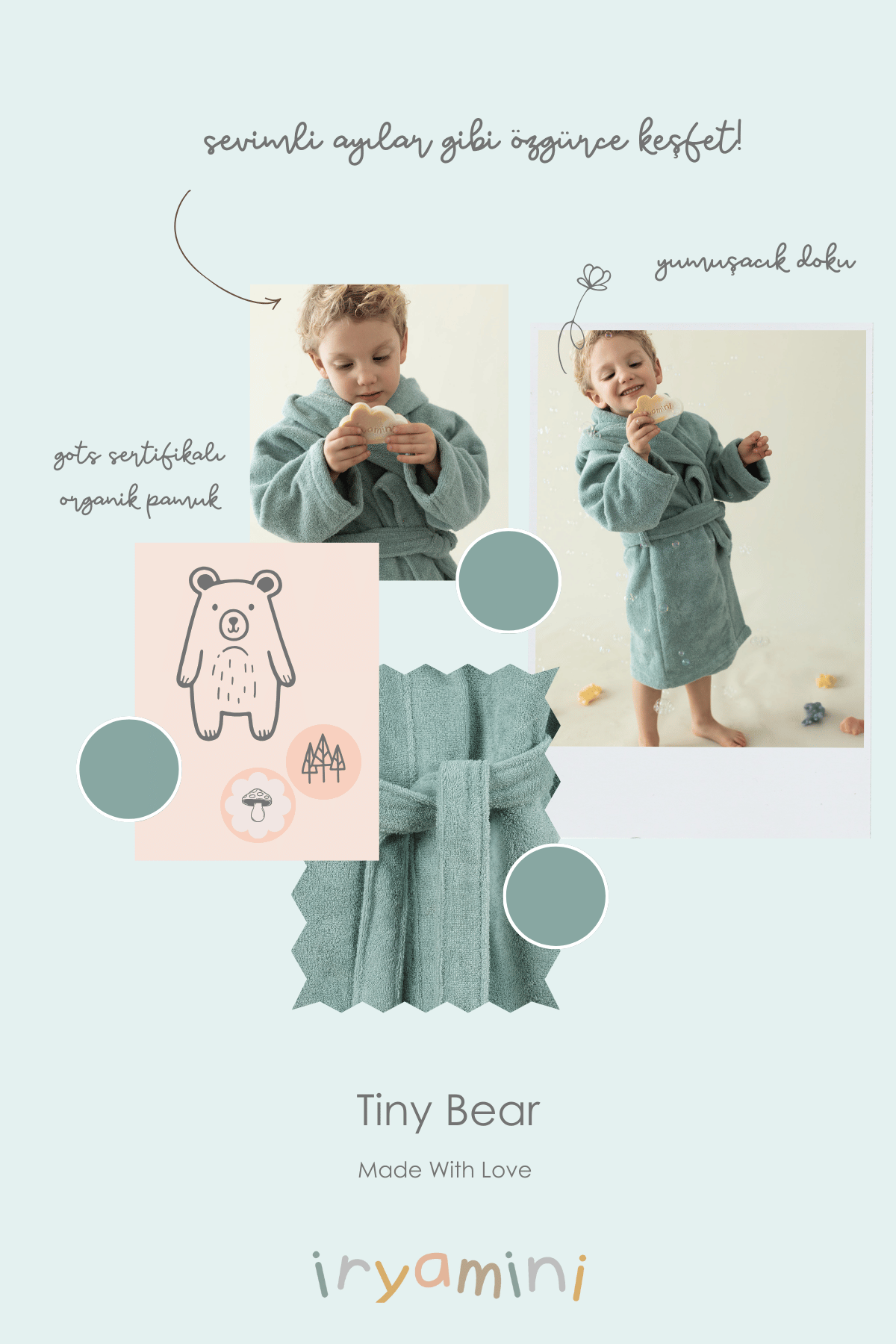 İRYA-Tiny Bear Organik Pamuk Çocuk Bornoz Mint-Bornoz-6-Milagron.com