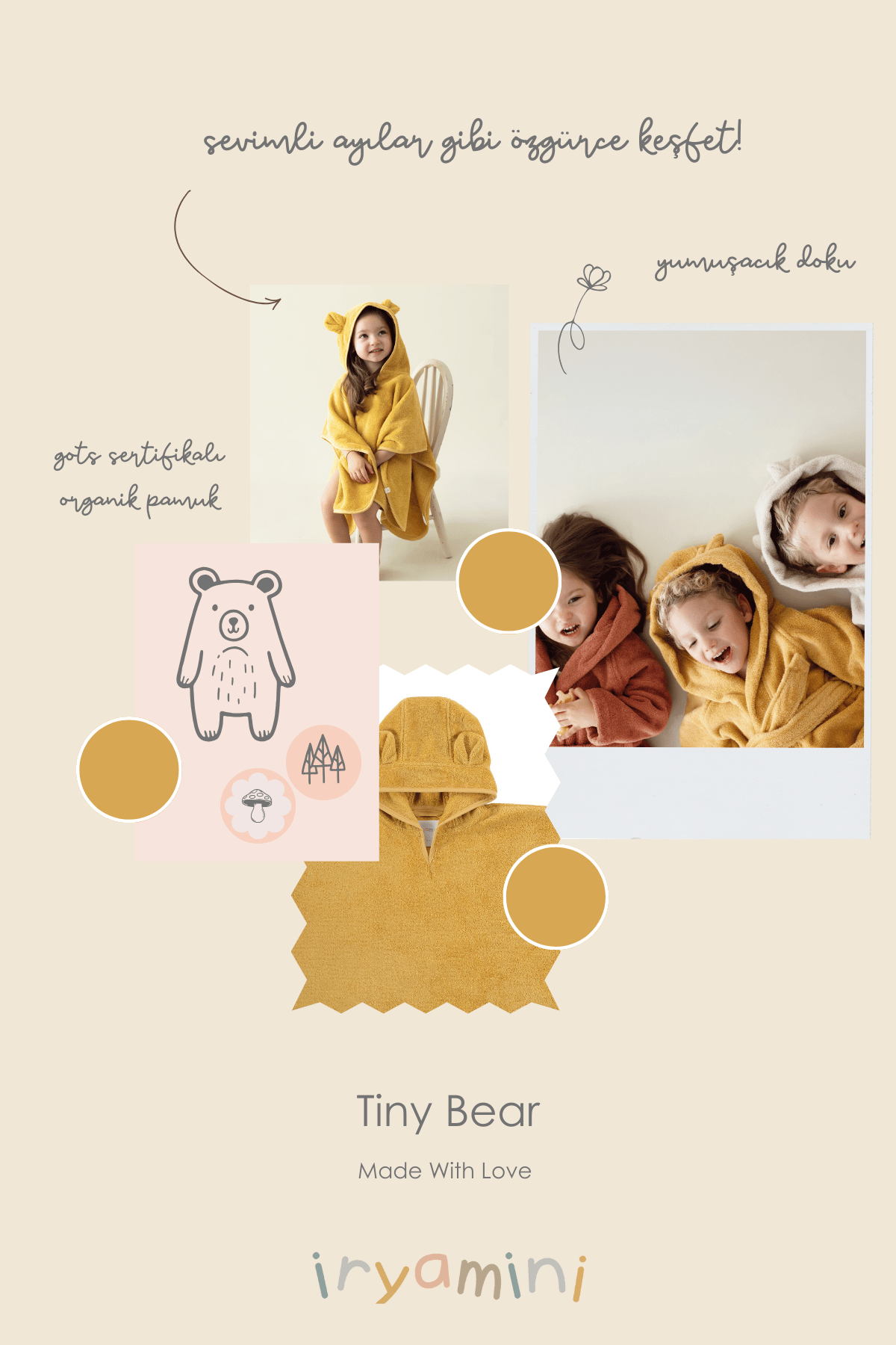 İRYA-Tiny Bear Organik Pamuk Çocuk Panço Hardal-Panço-4-Milagron.com