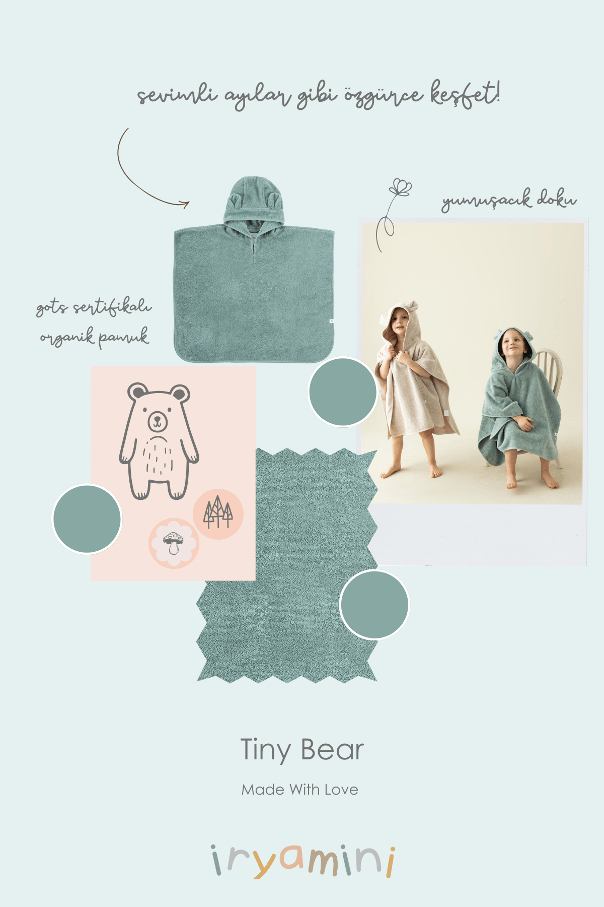 İRYA-Tiny Bear Organik Pamuk Çocuk Panço Mint-Panço-4-Milagron.com