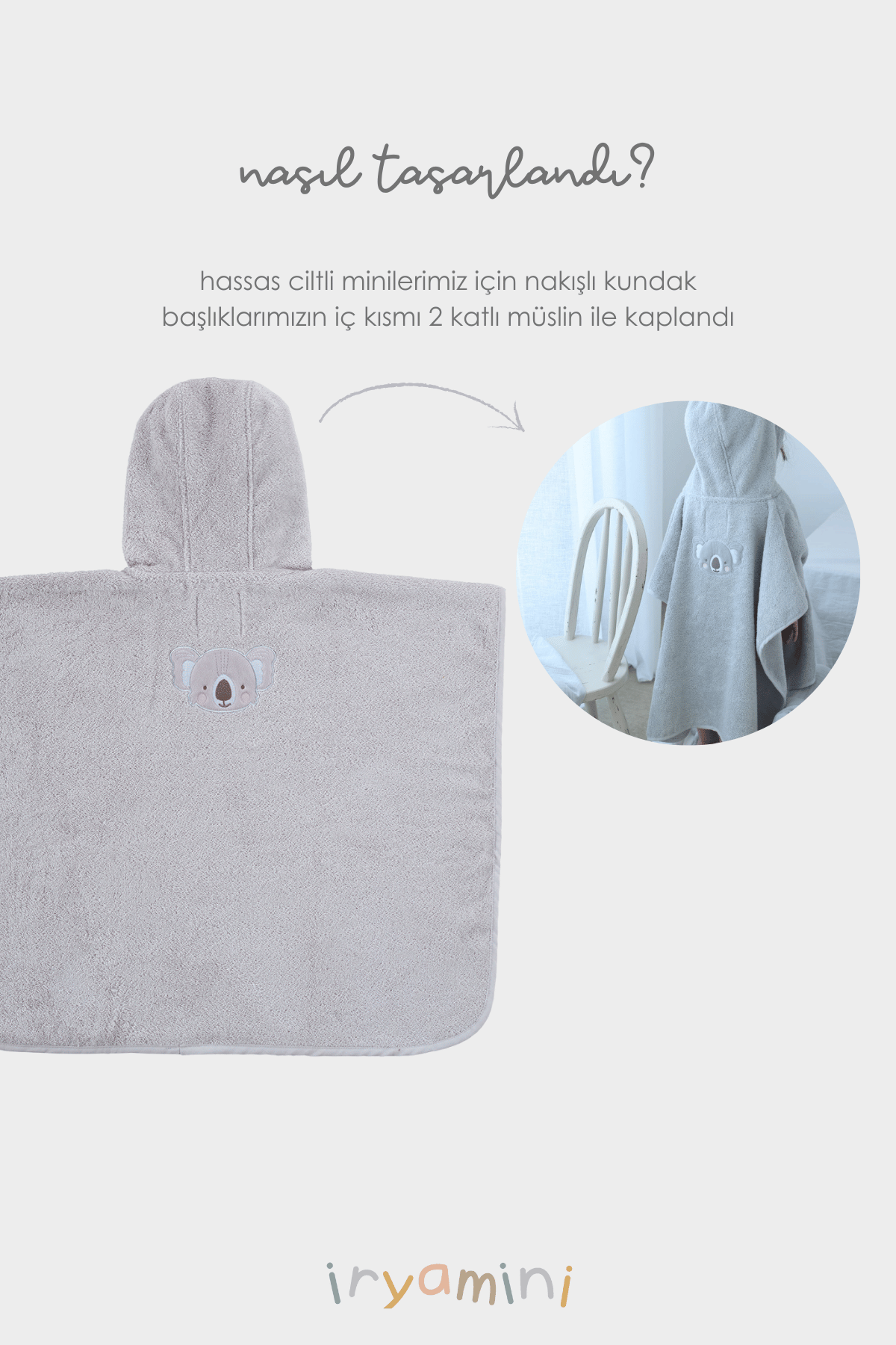 İRYA-Tiny Koala Organik Pamuk Nakışlı Çocuk Panço Gri-Panço-7-Milagron.com