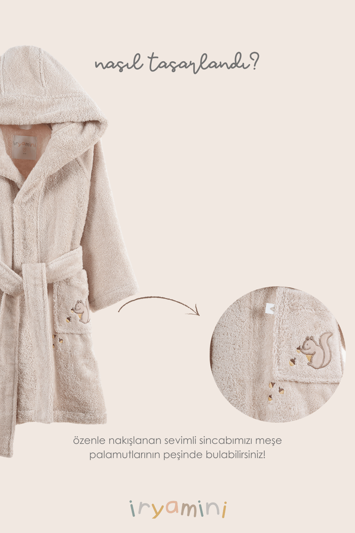 İRYA-Tiny Squirrel Organik Pamuk Nakışlı Çocuk Bornoz Bej-Bornoz-6-Milagron.com