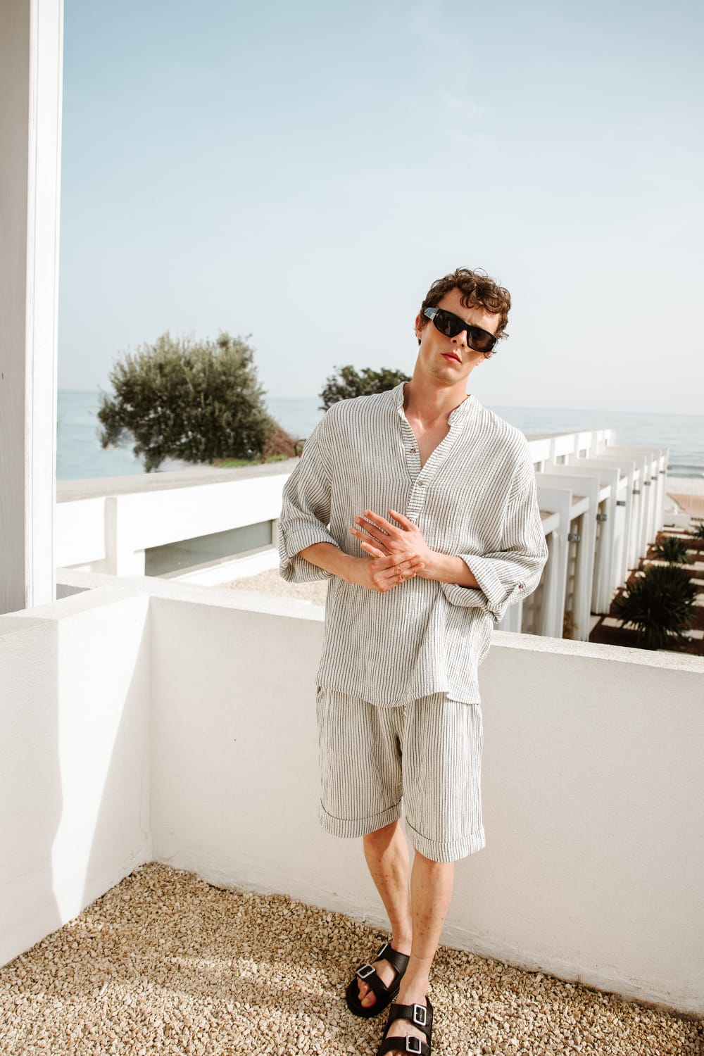 İkikız-Crinkle Çizgili Hakim Yaka Üst-Gömlek-6-Milagron.com