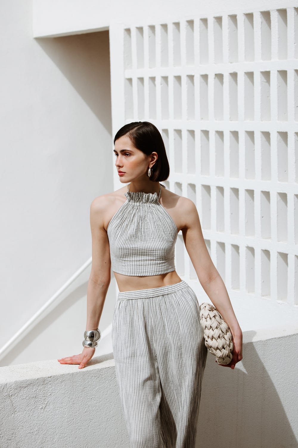 İkikız-Crinkle Çizgili Halter Yaka Bluz-Top-4-Milagron.com