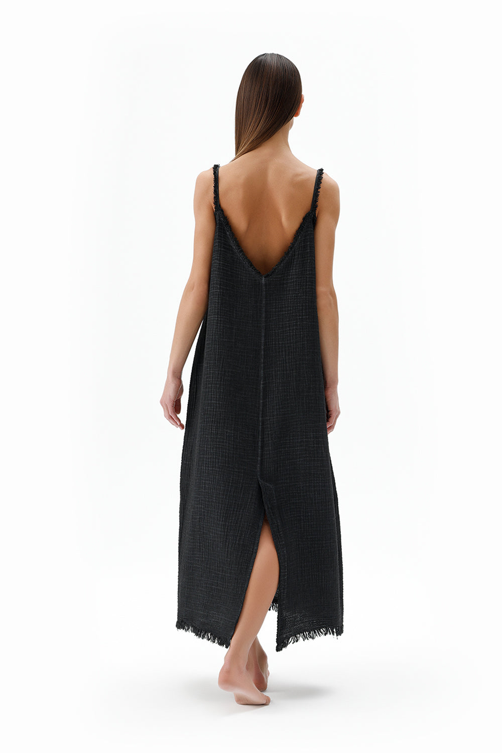 Crinkle Siyah İp Askılı Elbise - 1