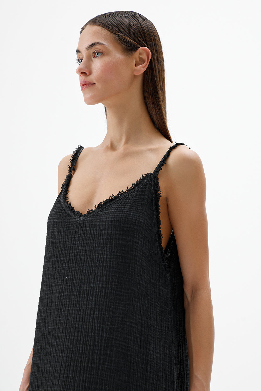 Crinkle Siyah İp Askılı Elbise - 3