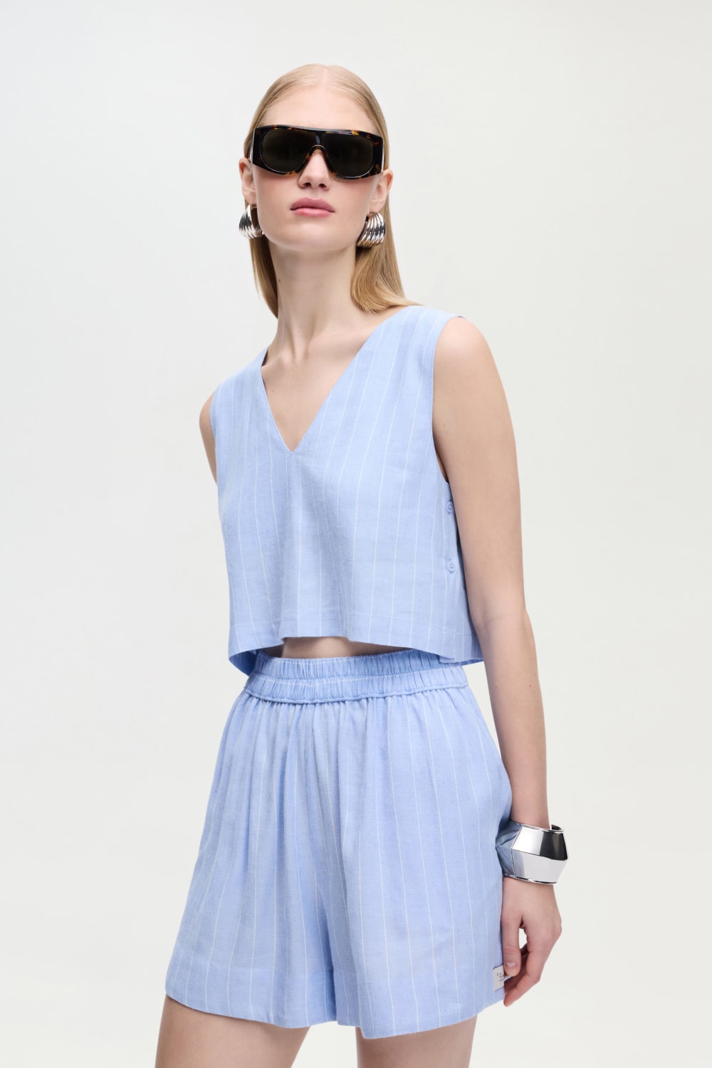 İkikız-Keten Karışımlı Çizgili Bluz-Bluz-5-Milagron.com