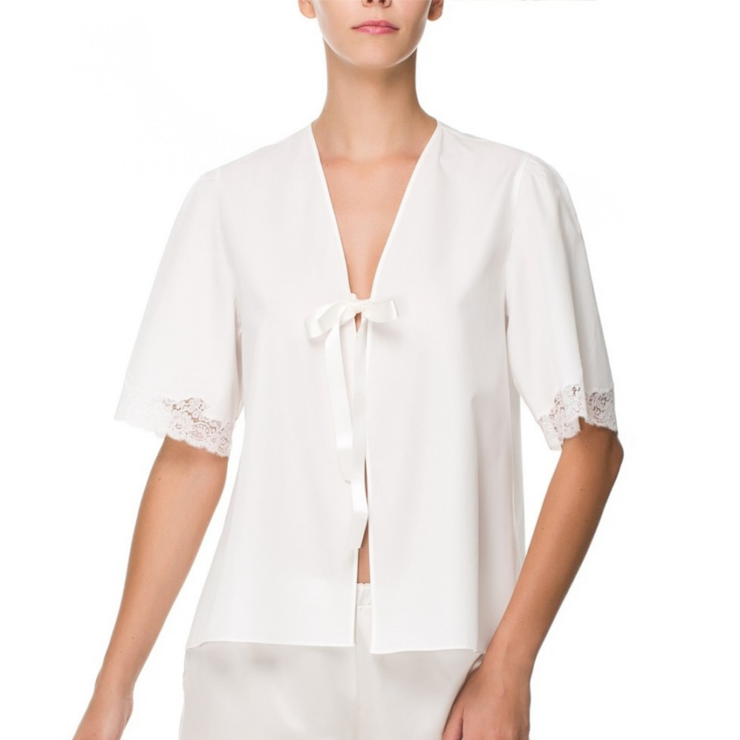 İpek Kıramer-Barbie Cotton Bed Jacket Ecru-Pajamas-1-Milagron.com