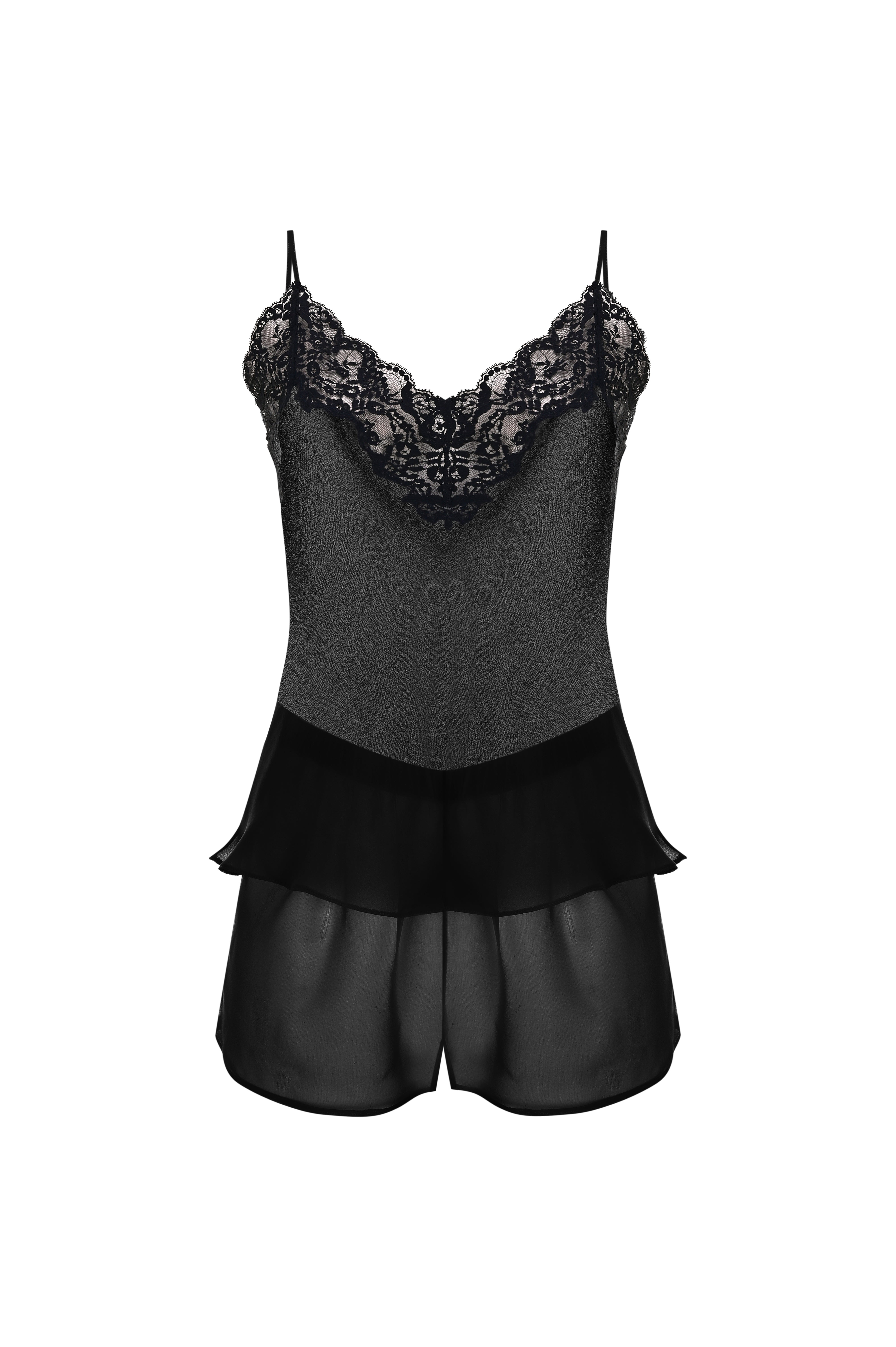 İpek Kıramer-Black Silk Chiffon Babydoll Set-Alt - Üst Takım-1-Milagron.com