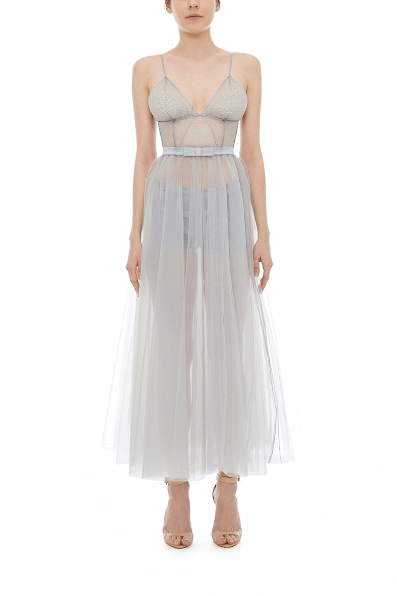 İpek Kıramer-Fairy Tale Long Tulle Chemise Gray-Gecelik-4-Milagron.com