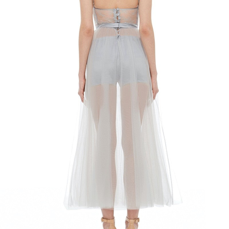 İpek Kıramer-Fairy Tale Long Tulle Chemise Gray-Gecelik-6-Milagron.com